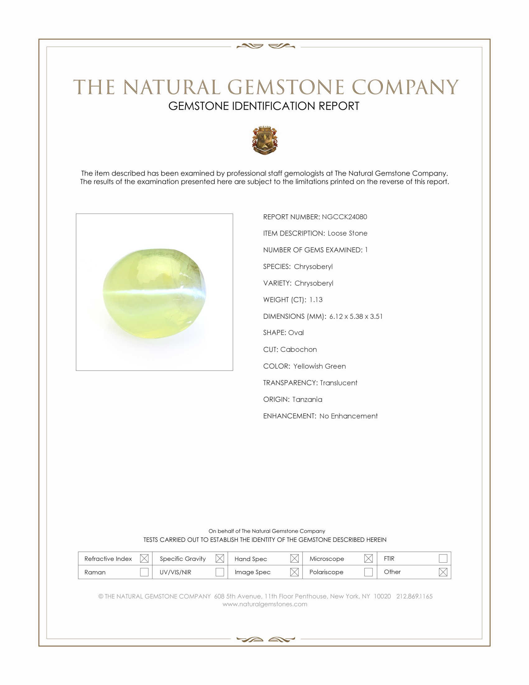 1.13 Ct. Yellowish Green Cabochon Chrysoberyl from Tanzania