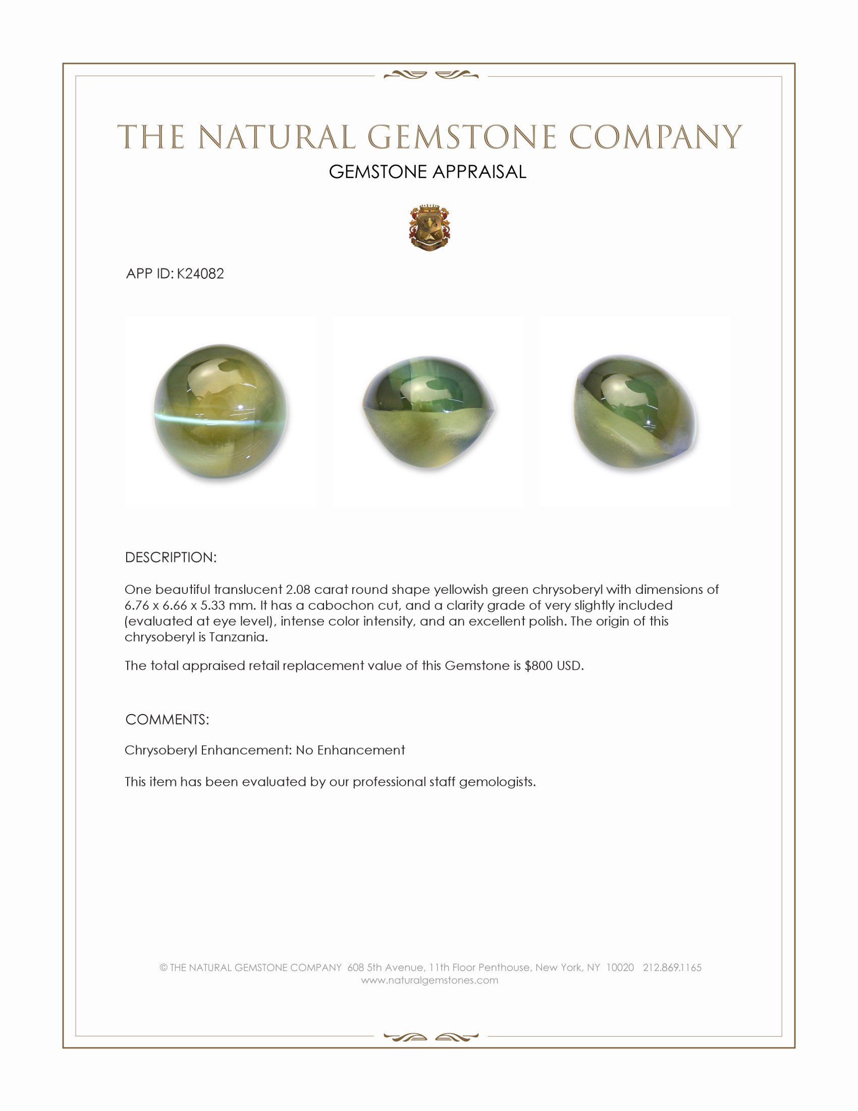 2.08 Ct. Yellowish Green Cabochon Chrysoberyl from Tanzania