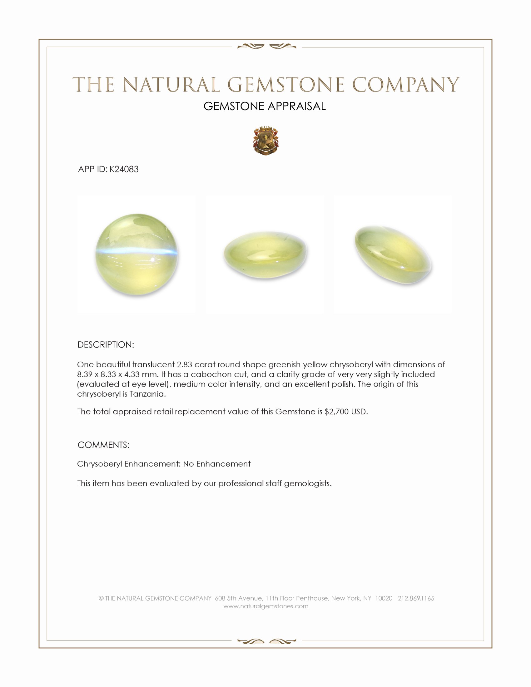 2.83 Ct. Greenish Yellow Cabochon Chrysoberyl from Tanzania