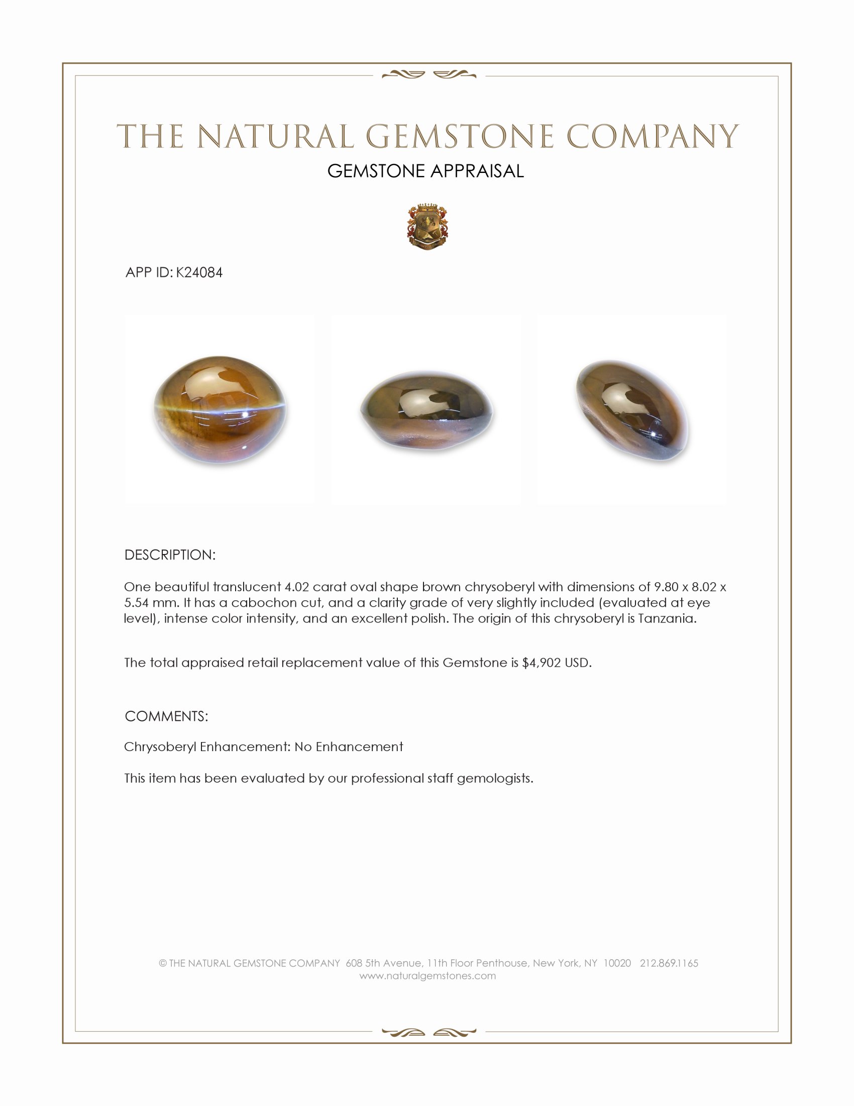 4.02 Ct. Brown Cabochon Chrysoberyl from Tanzania