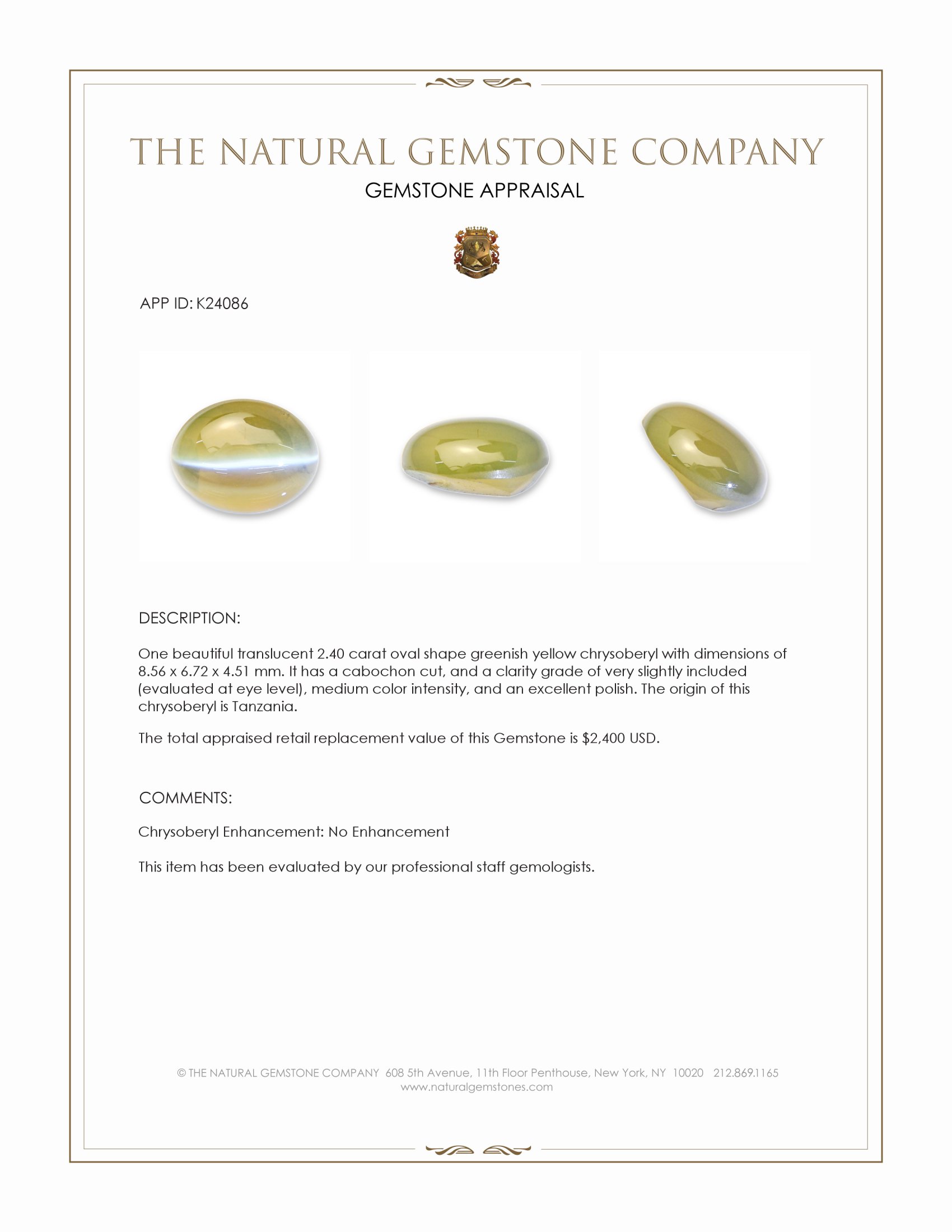2.40 Ct. Greenish Yellow Cabochon Chrysoberyl from Tanzania