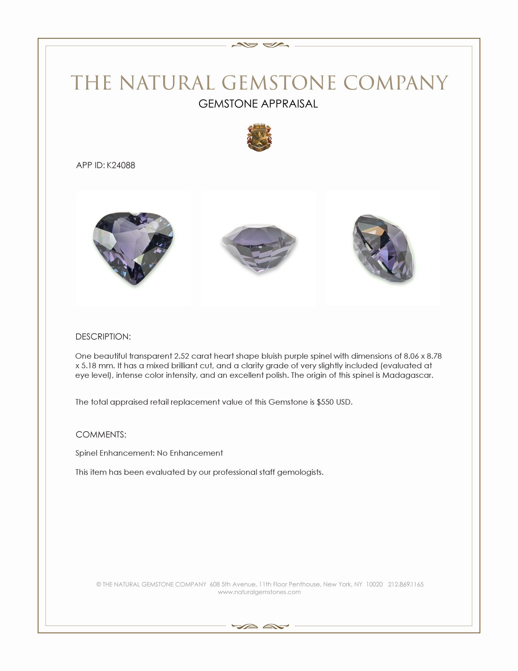 2.52 Ct. Bluish Purple Spinel from Madagascar