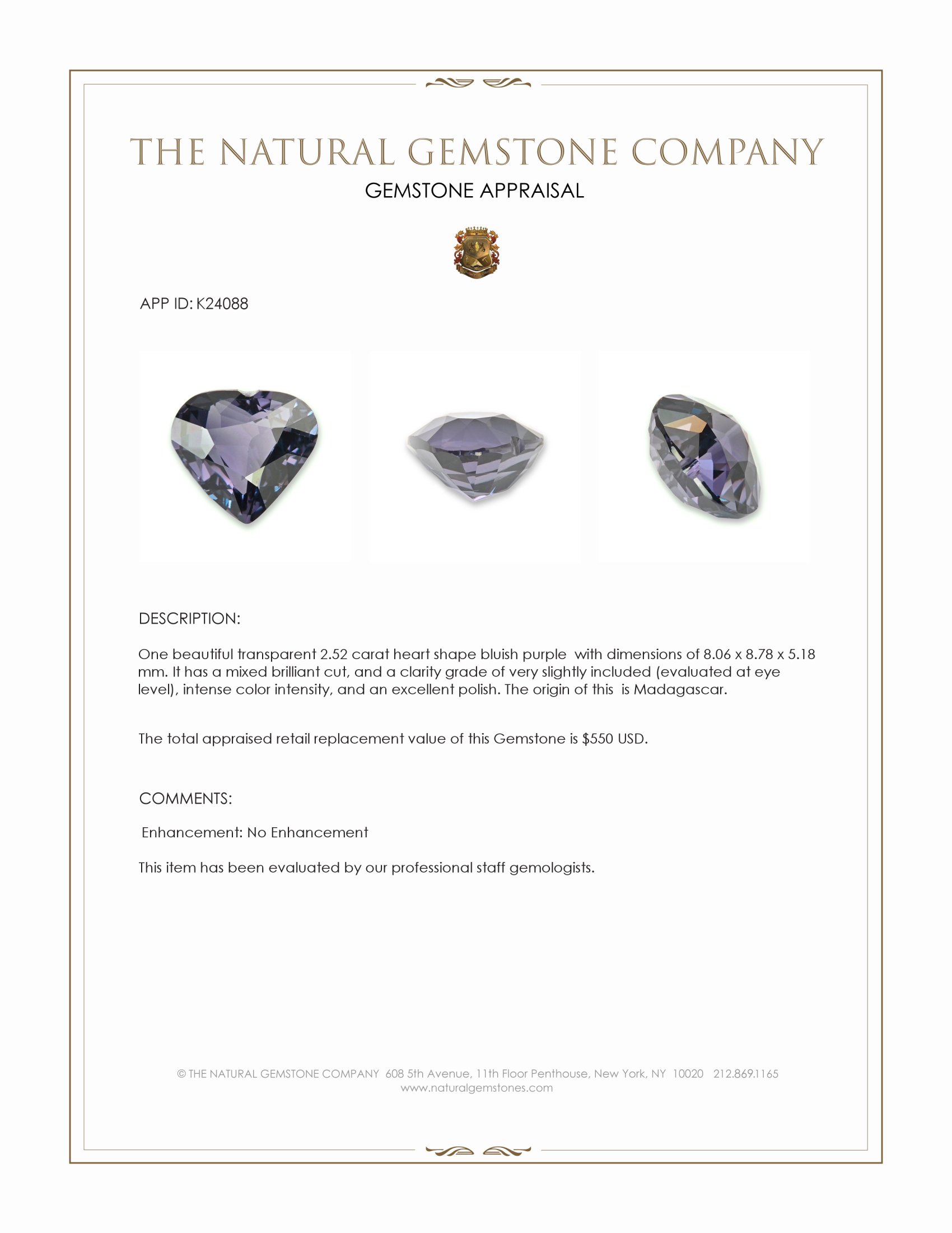 2.52 Ct. Bluish Purple Spinel from Madagascar