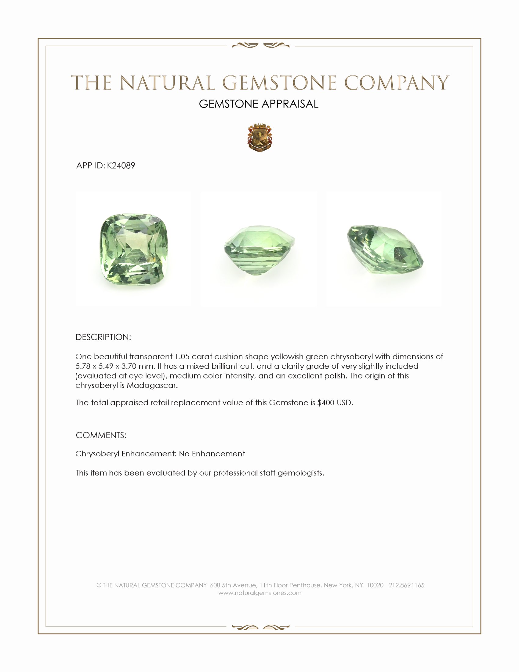 1.05 Ct. Yellowish Green Chrysoberyl from Madagascar