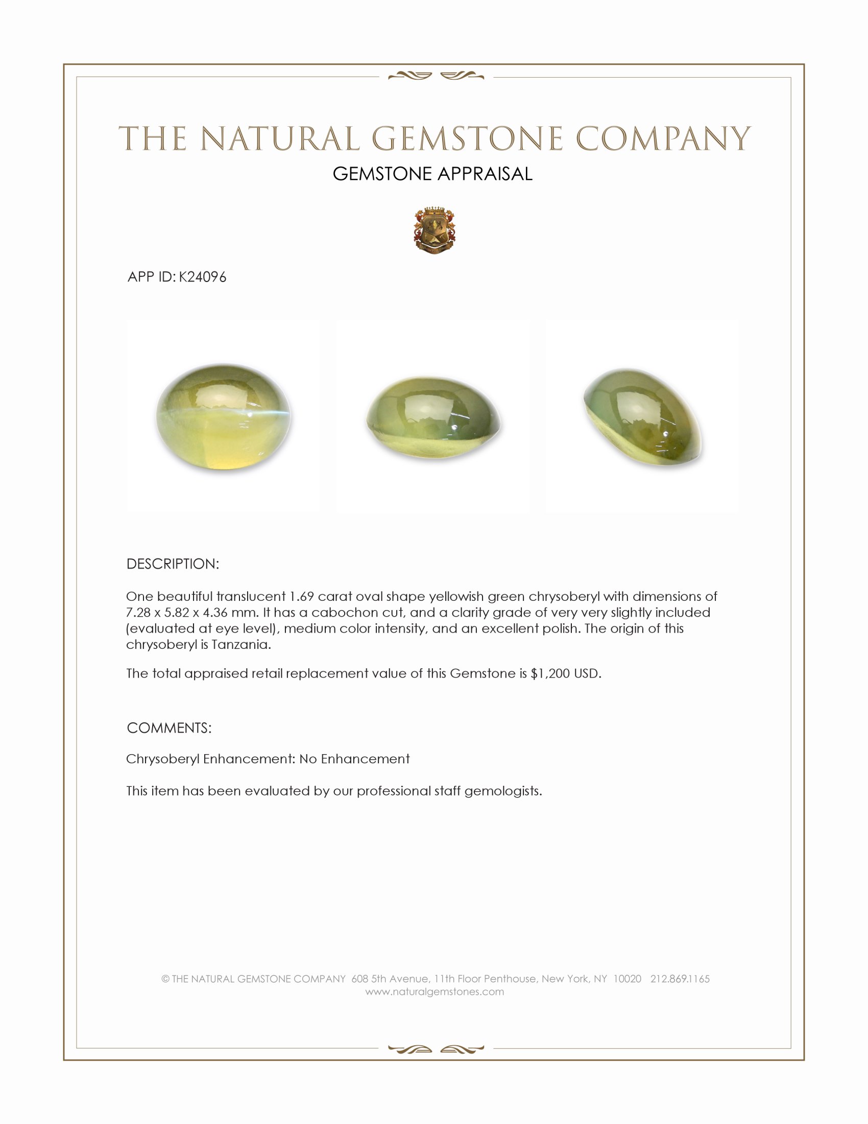1.69 Ct. Yellowish Green Cabochon Chrysoberyl from Tanzania