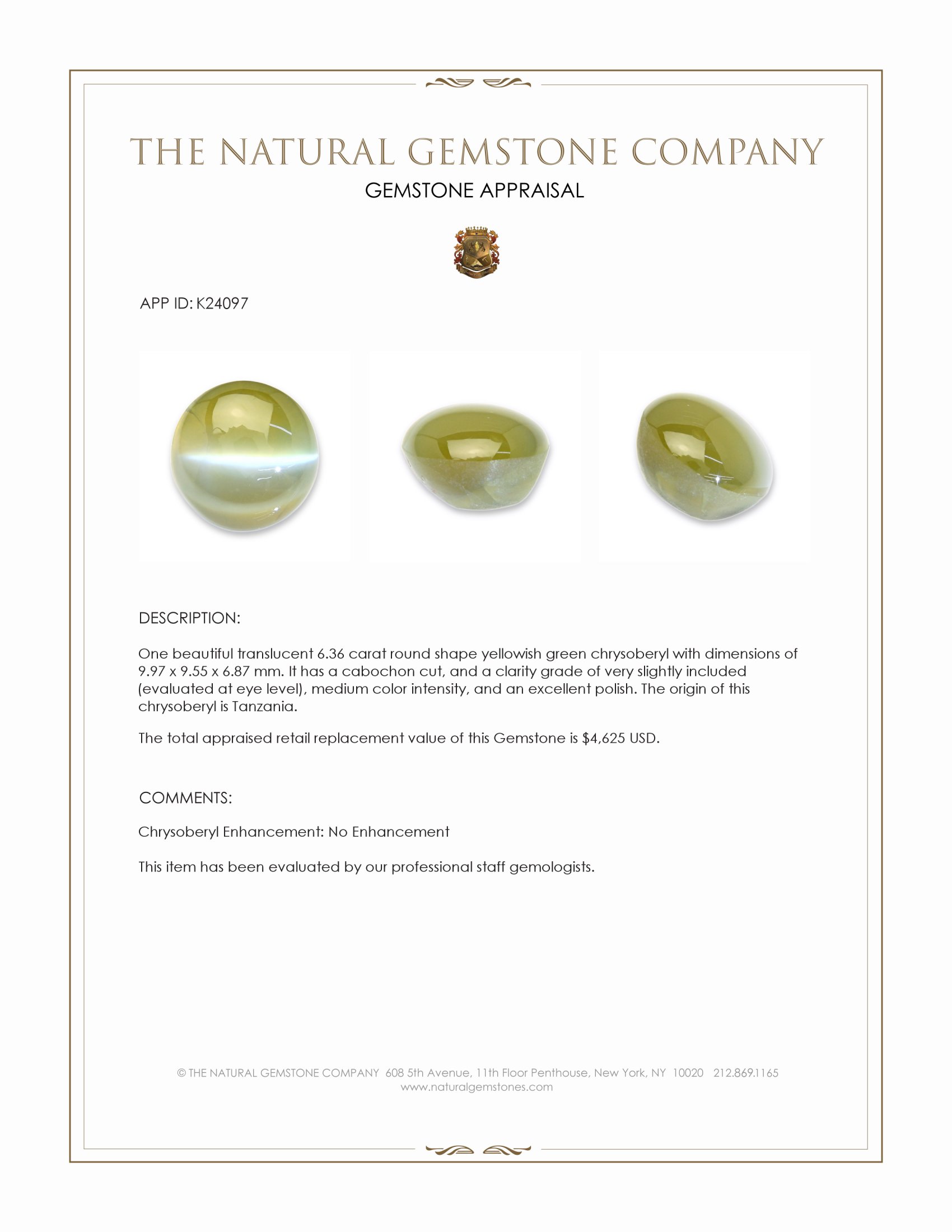 6.36 Ct. Yellowish Green Cabochon Chrysoberyl from Tanzania