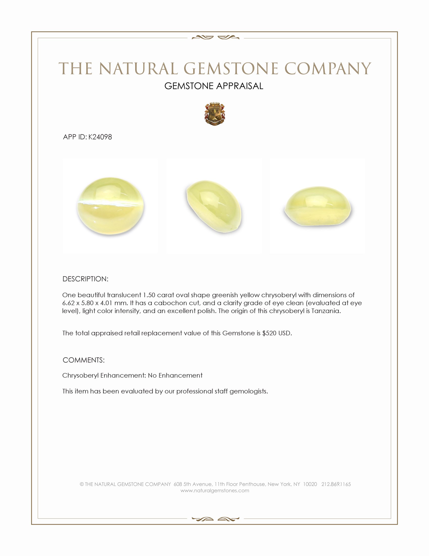 1.50 Ct. Greenish Yellow Cabochon Chrysoberyl from Tanzania