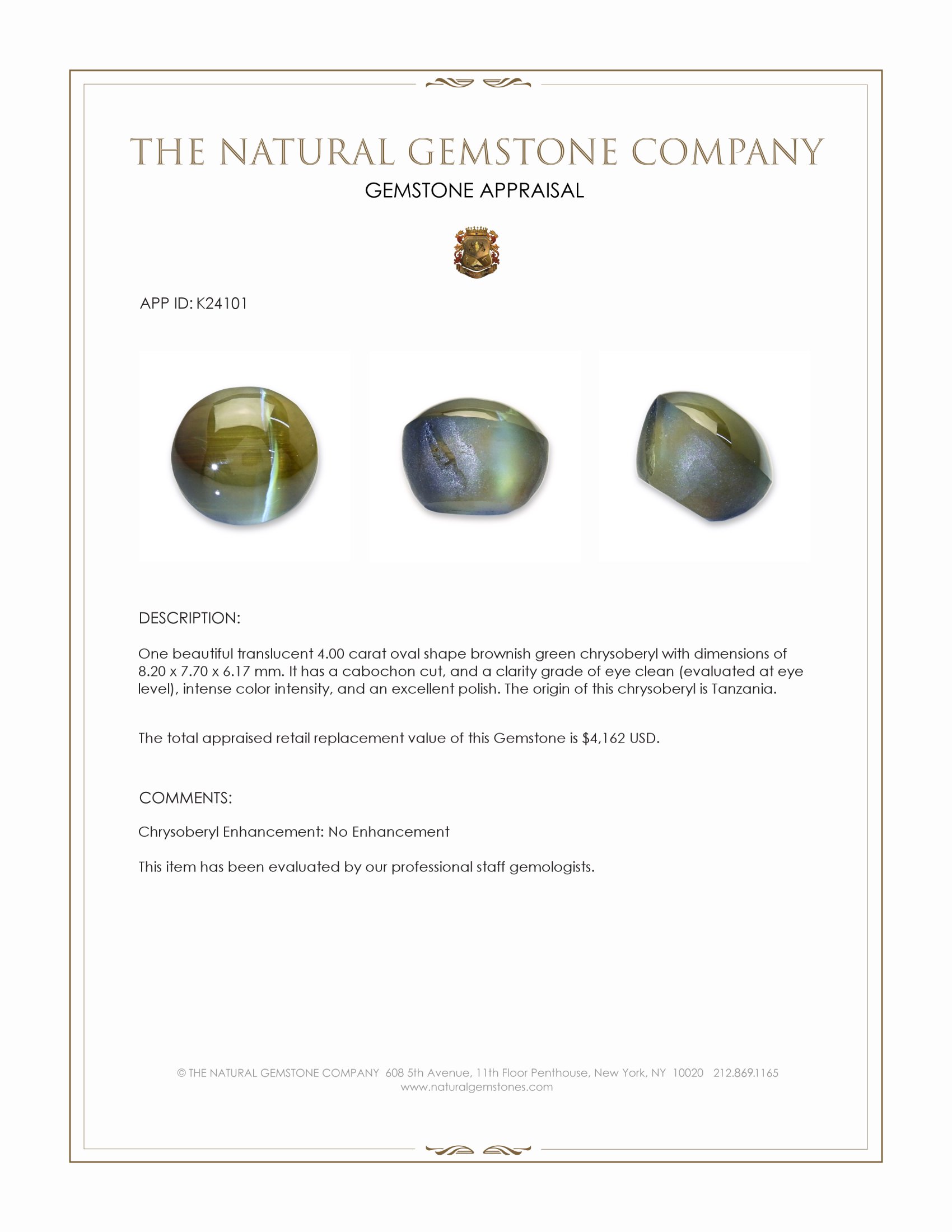 4.00 Ct. Brownish Green Cabochon Chrysoberyl from Tanzania