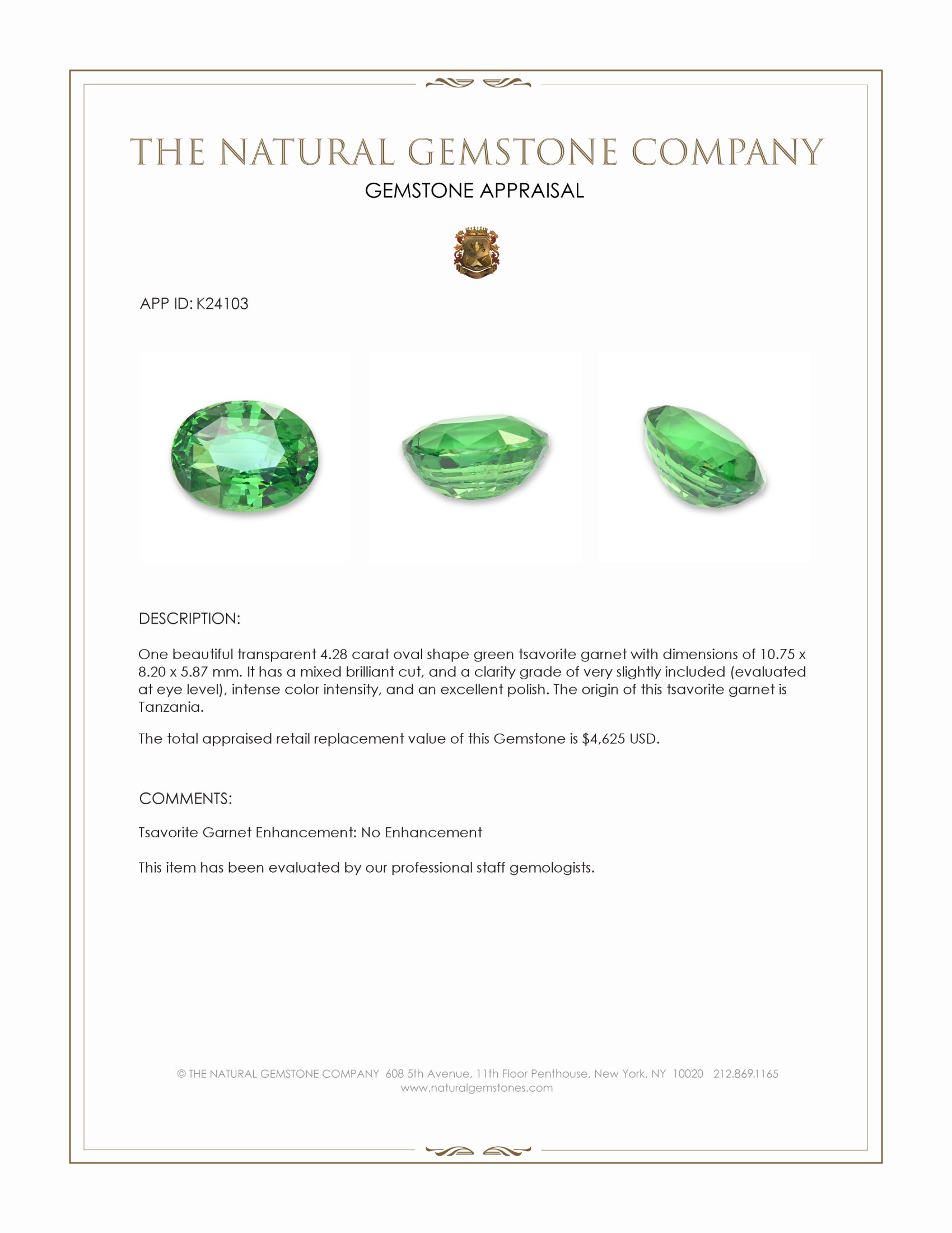 4.28 Ct. Tsavorite Garnet from Tanzania