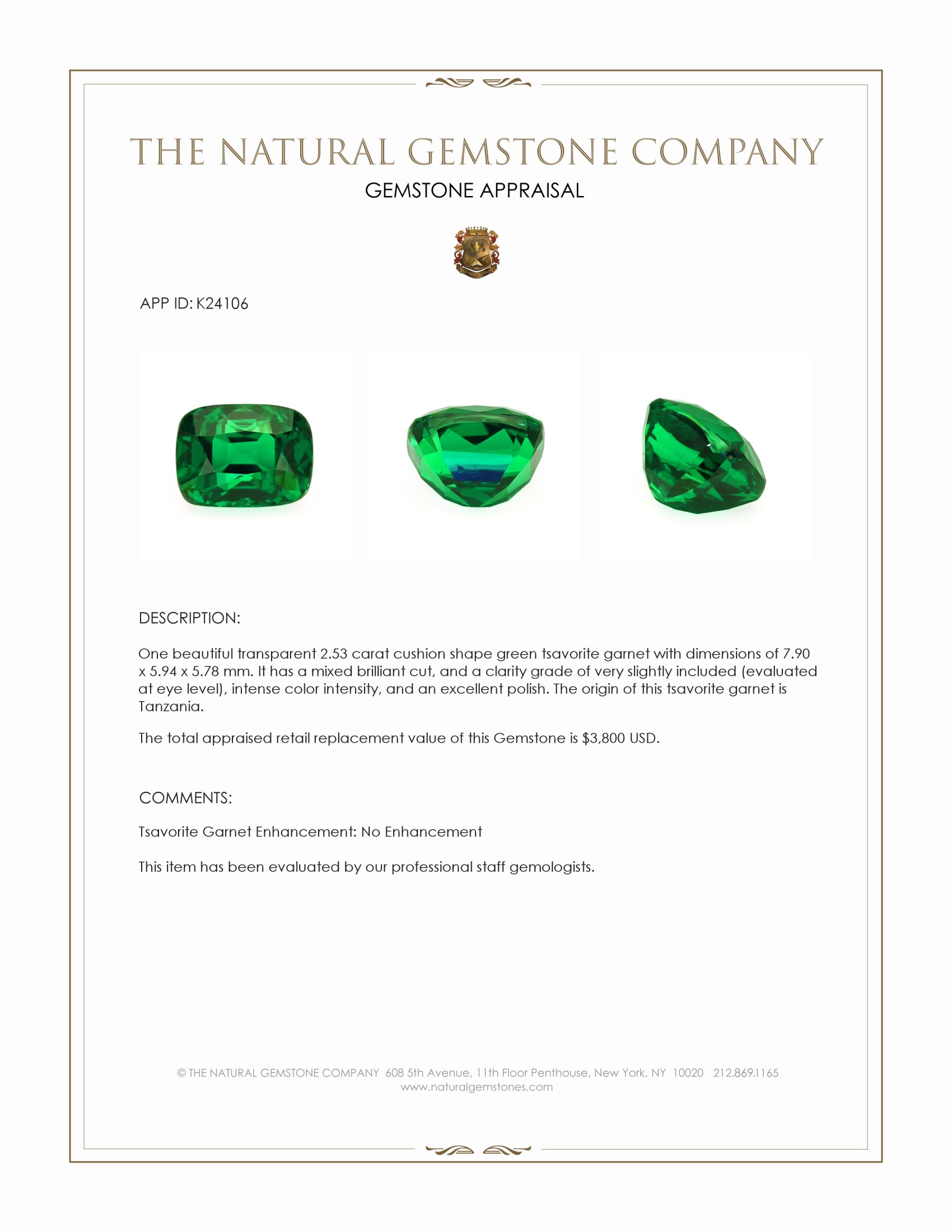 2.53 Ct. Tsavorite Garnet from Tanzania