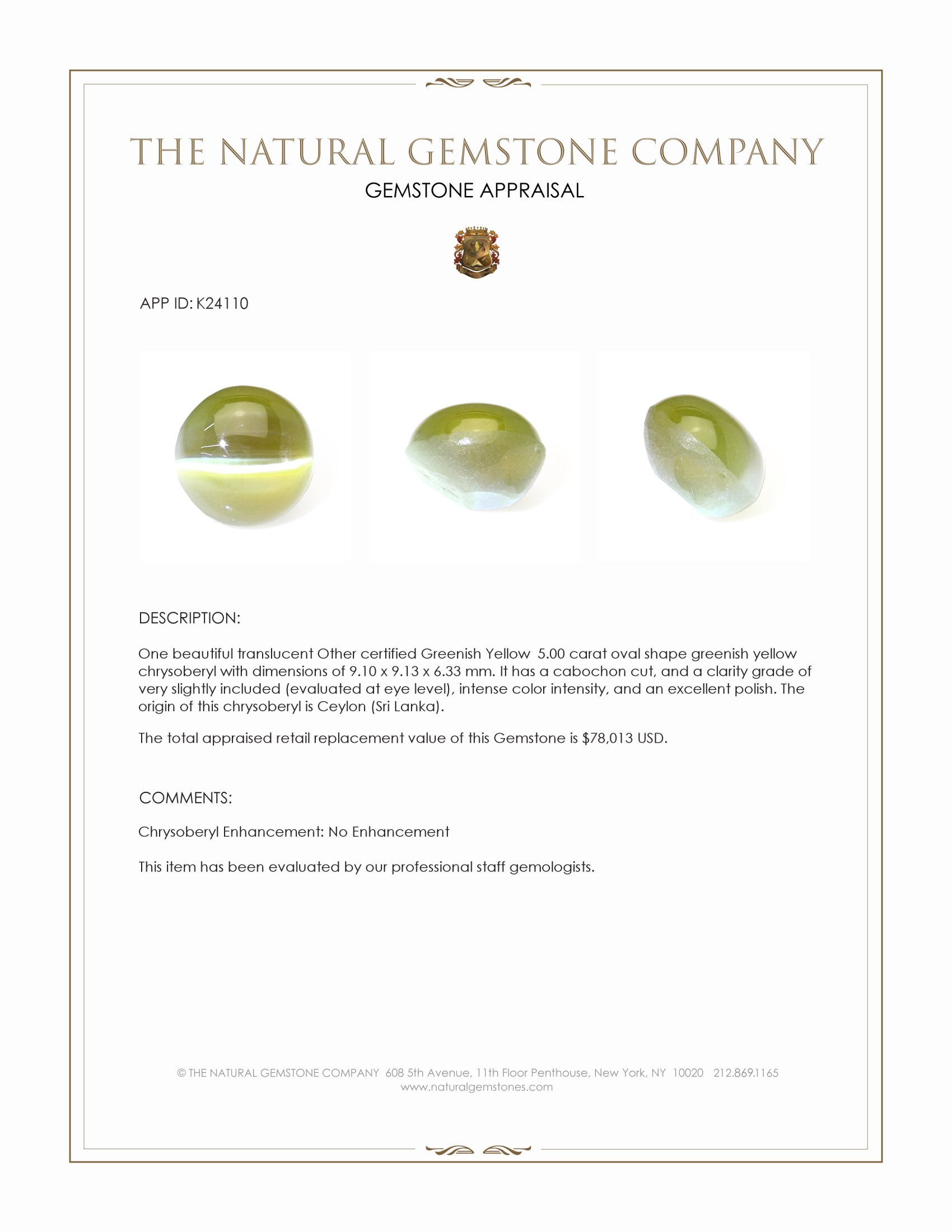 5.00 Ct. Greenish Yellow Cabochon Chrysoberyl from Ceylon (Sri Lanka)
