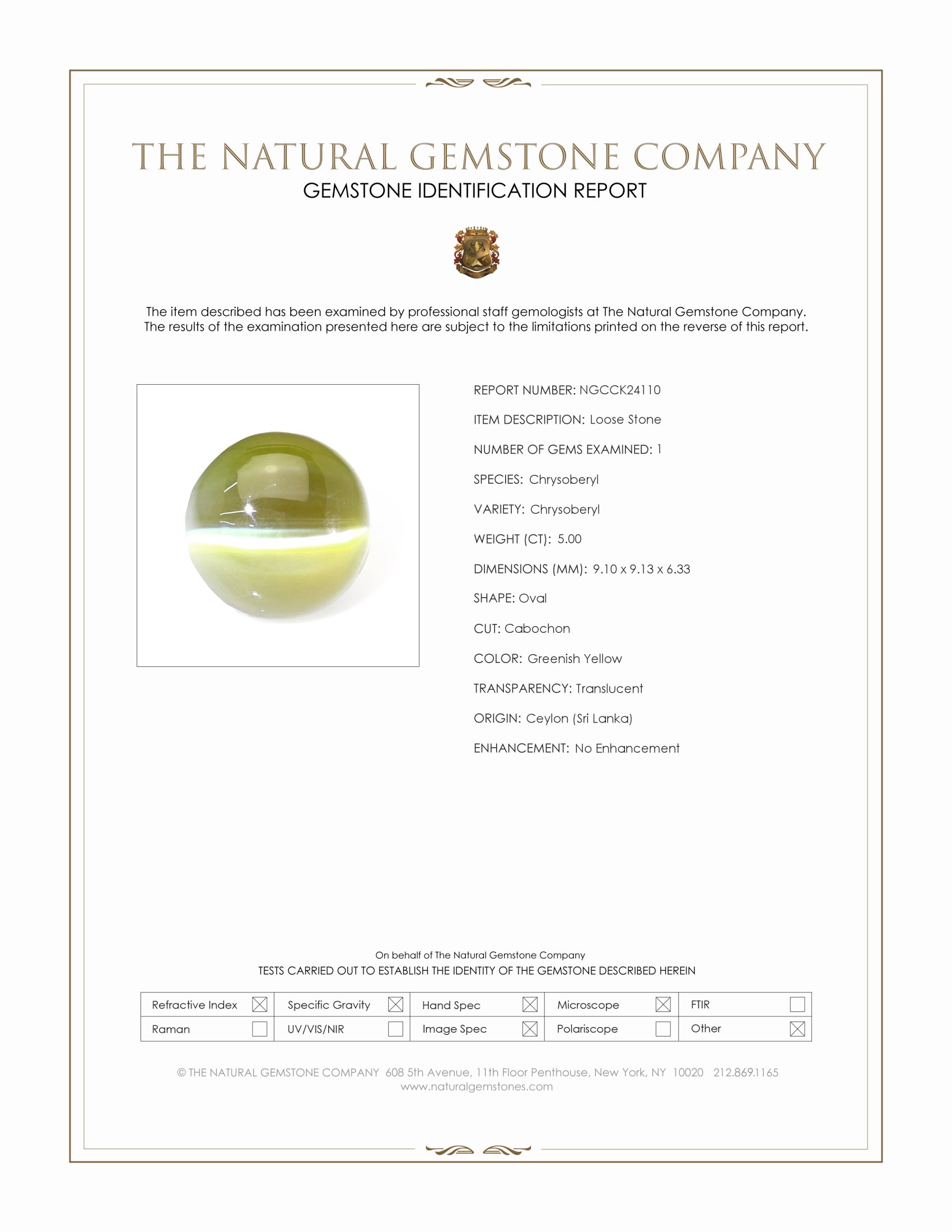 5.00 Ct. Greenish Yellow Cabochon Chrysoberyl from Ceylon (Sri Lanka)