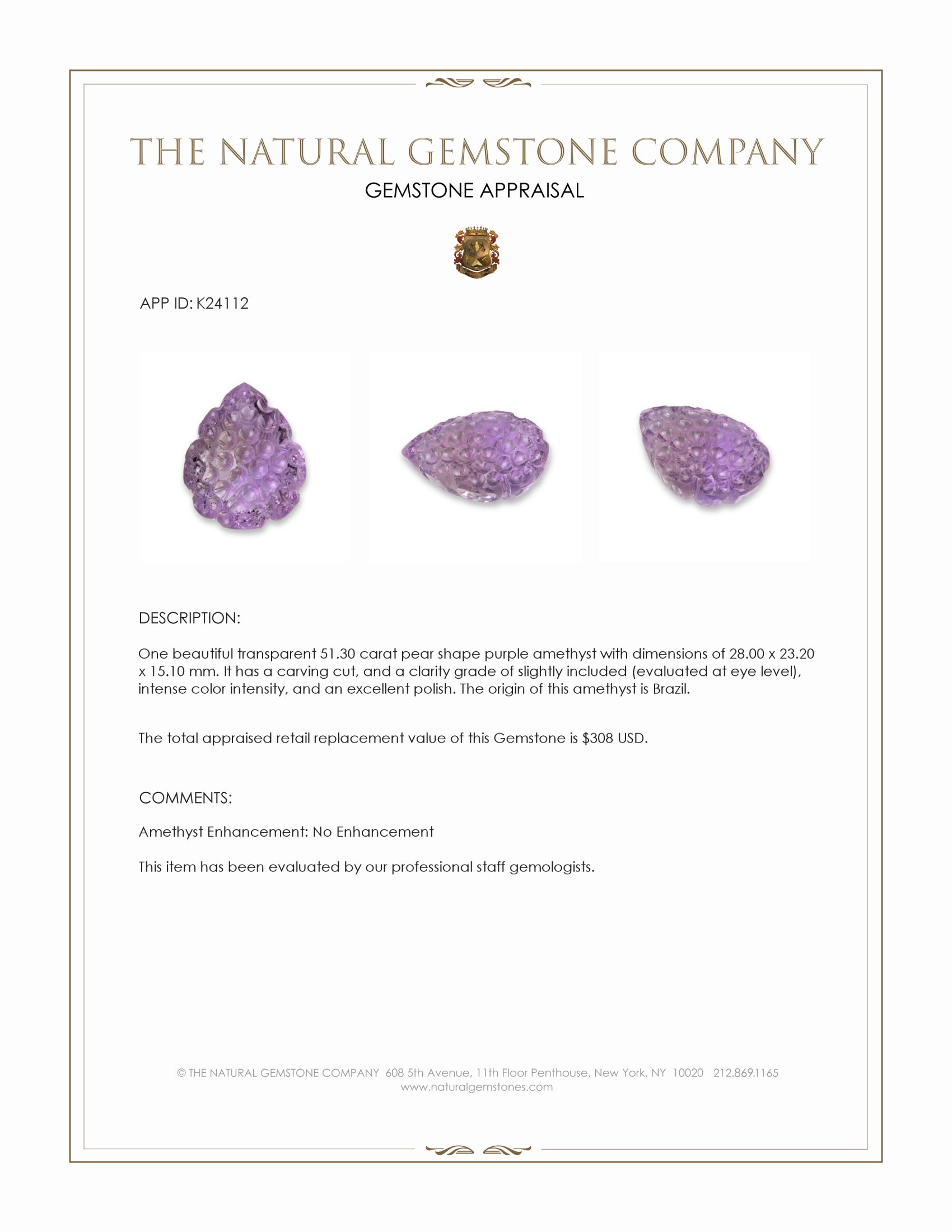 51.30 Ct. Purple Amethyst from Brazil