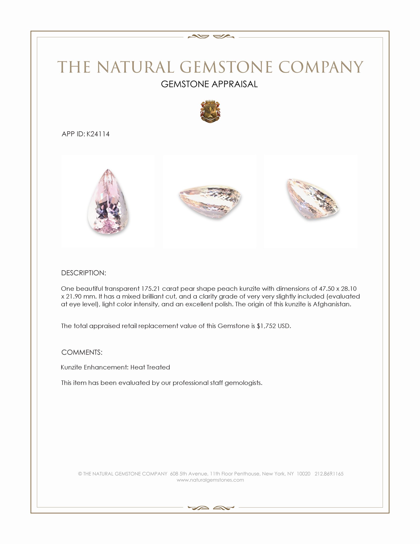 175.21 Ct. Peach Kunzite from Afghanistan