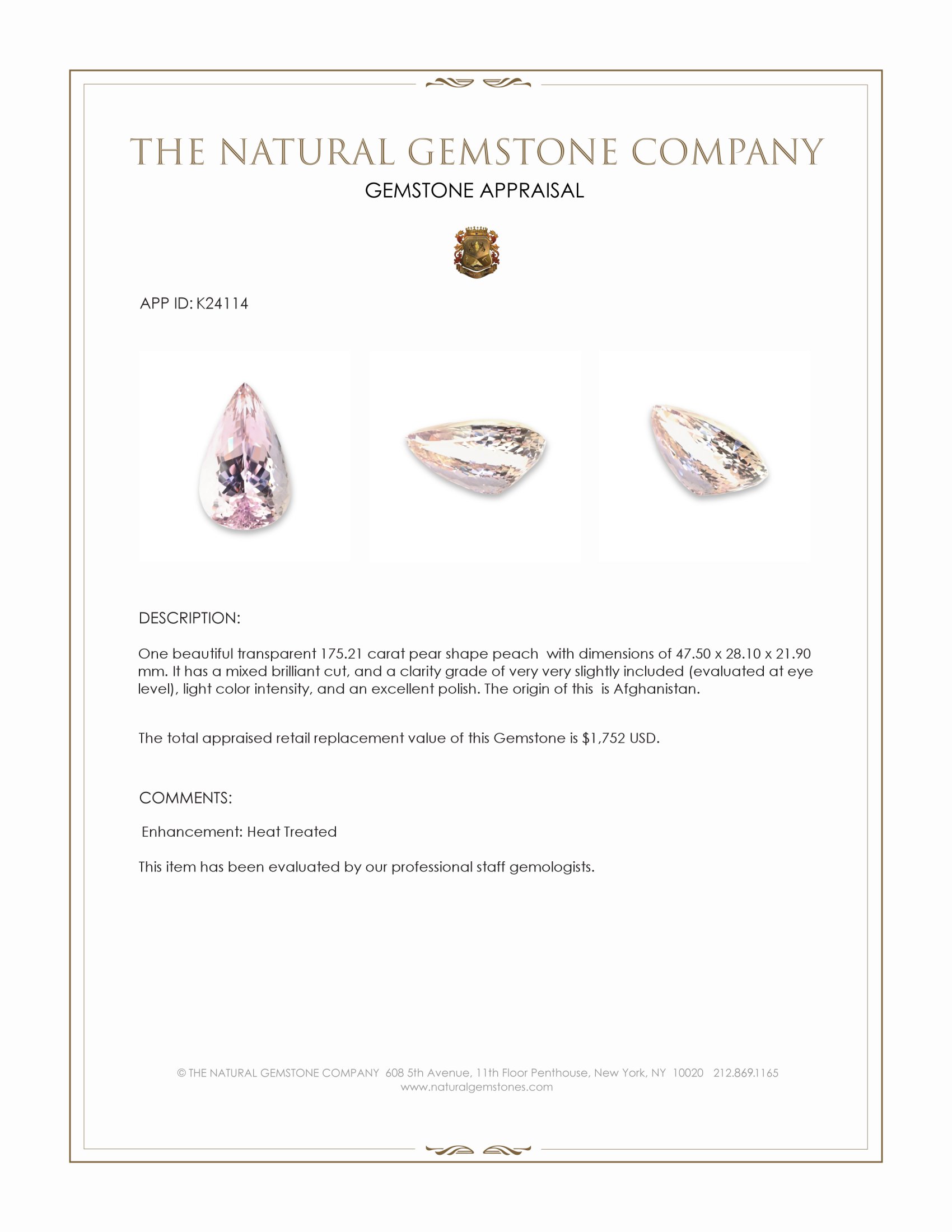 175.21 Ct. Peach Kunzite from Afghanistan