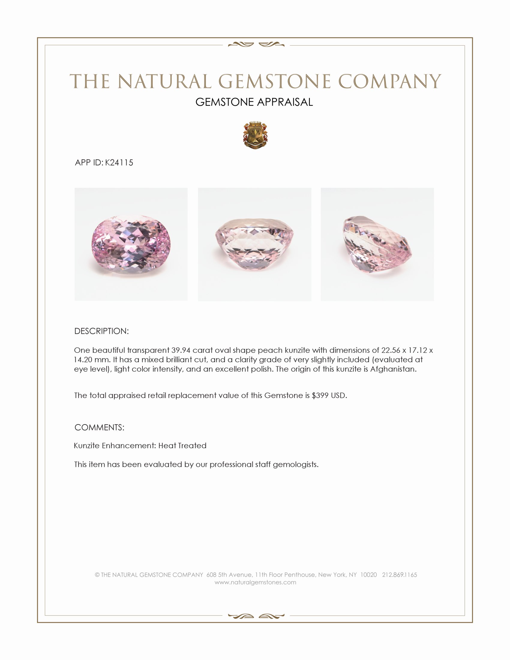 39.94 Ct. Peach Kunzite from Afghanistan