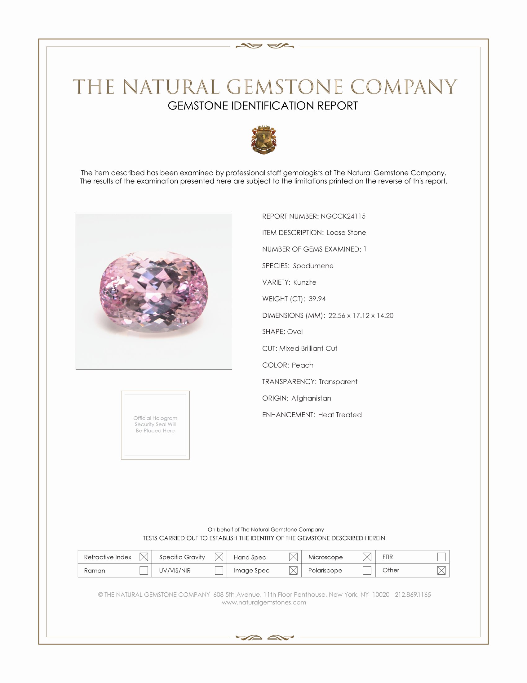 39.94 Ct. Peach Kunzite from Afghanistan