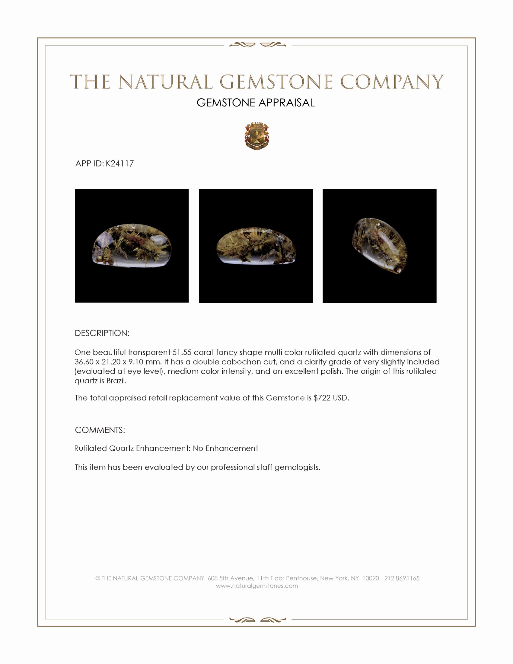 51.55 Ct. Multi Color Cabochon Rutilated Quartz from Brazil