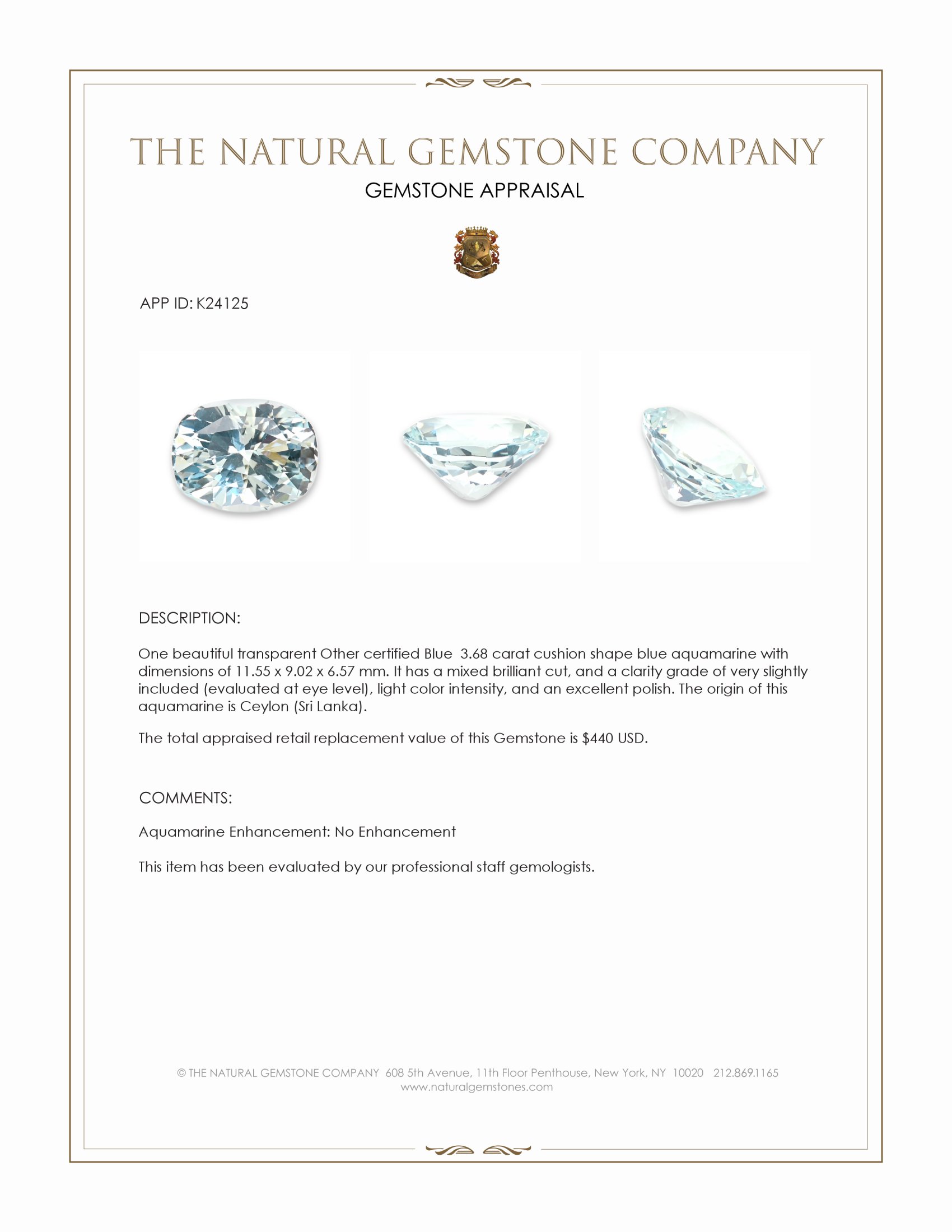 3.68 Ct. Blue Aquamarine from Ceylon (Sri Lanka)