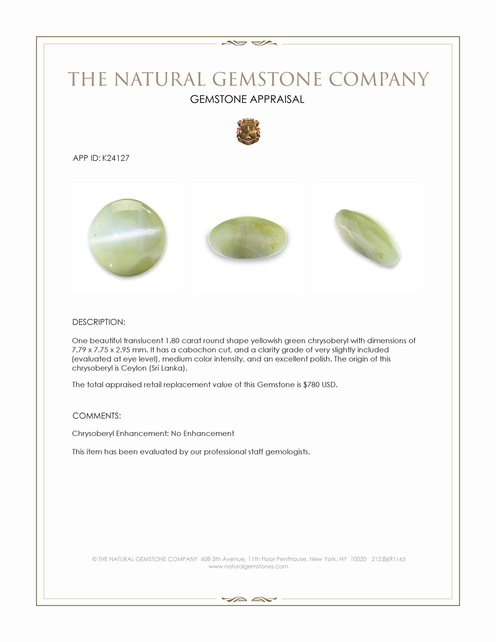 1.80 Ct. Yellowish Green Cabochon Chrysoberyl from Ceylon (Sri Lanka)