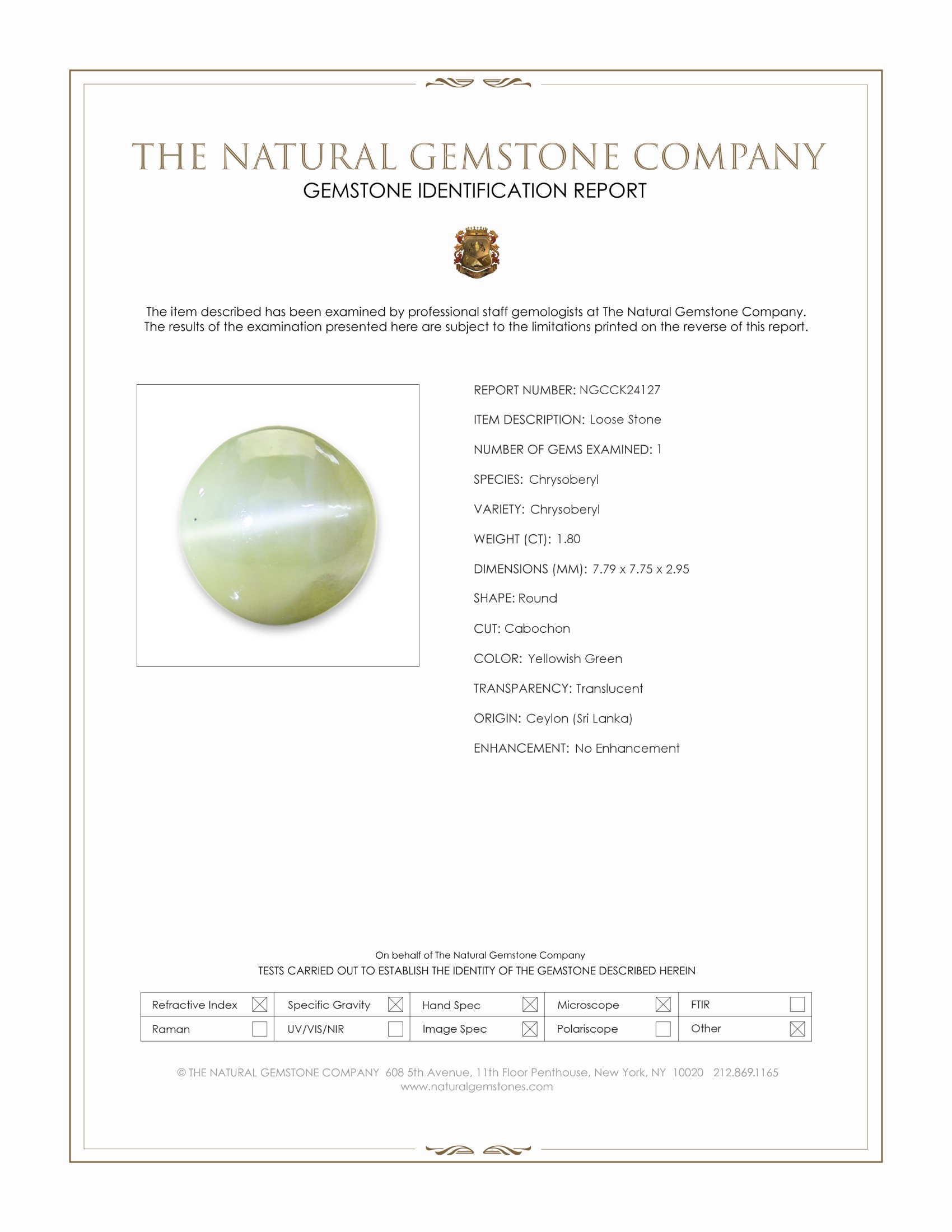1.80 Ct. Yellowish Green Cabochon Chrysoberyl from Ceylon (Sri Lanka)