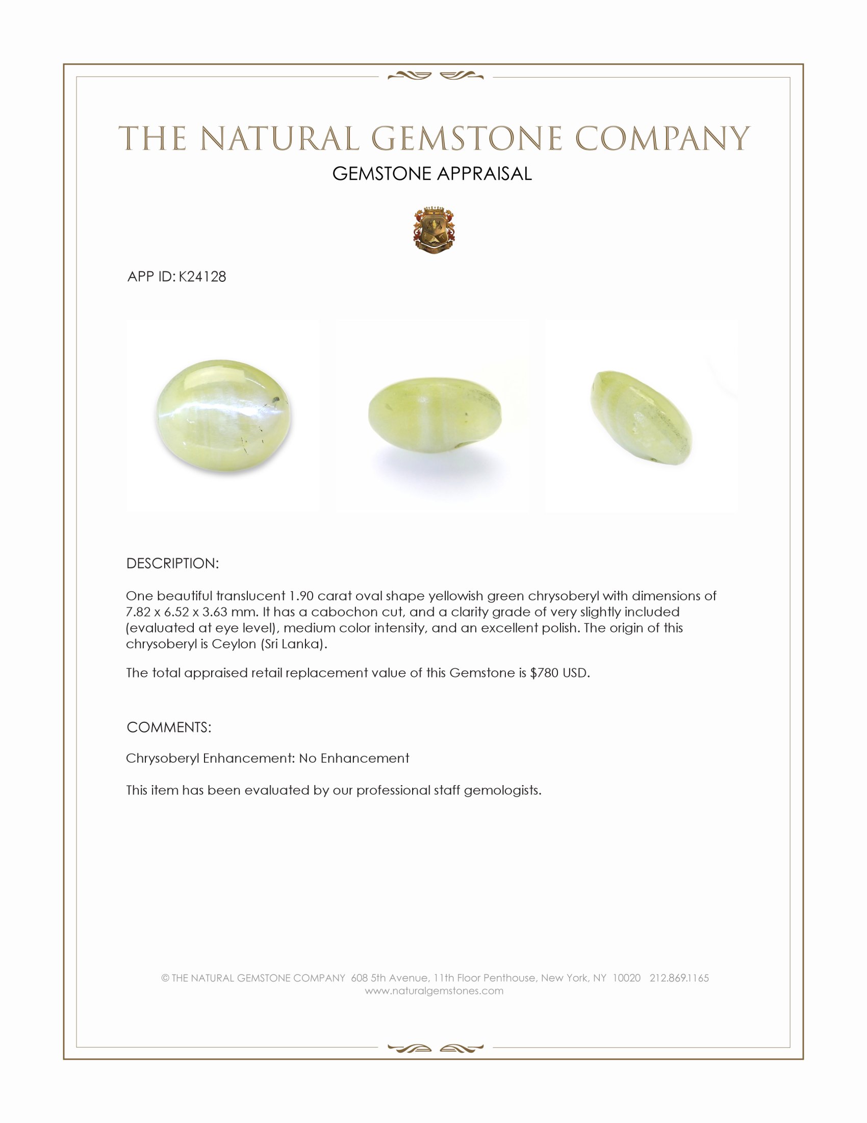 1.90 Ct. Yellowish Green Cabochon Chrysoberyl from Ceylon (Sri Lanka)