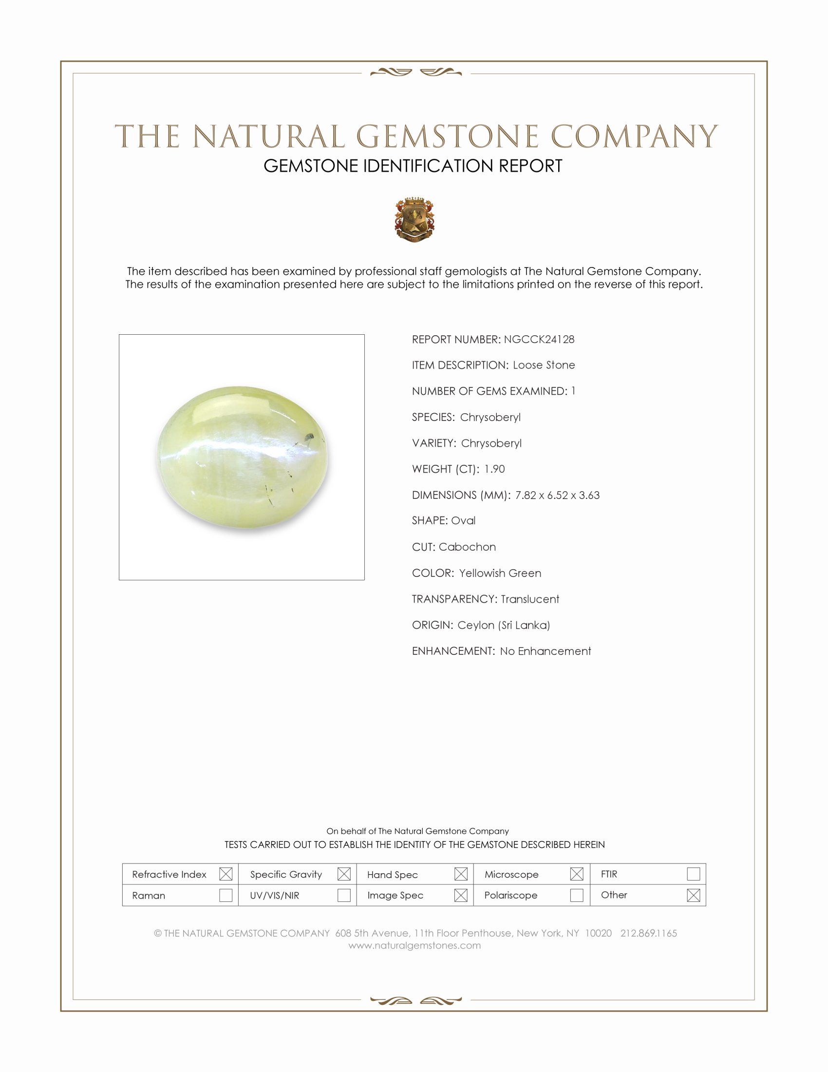 1.90 Ct. Yellowish Green Cabochon Chrysoberyl from Ceylon (Sri Lanka)