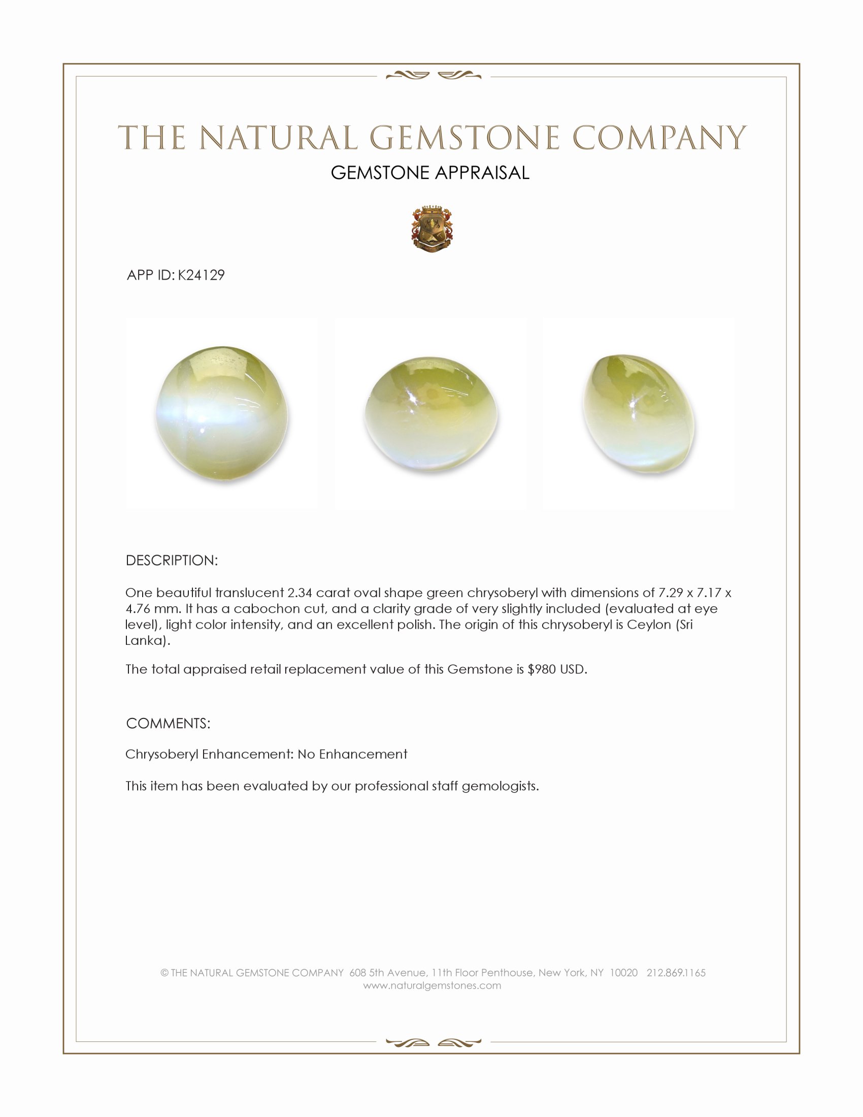 2.34 Ct. Green Cabochon Chrysoberyl from Ceylon (Sri Lanka)