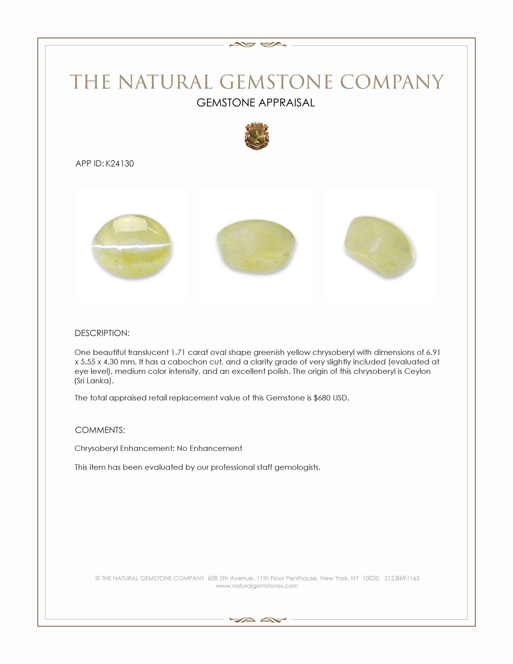 1.71 Ct. Greenish Yellow Cabochon Chrysoberyl from Ceylon (Sri Lanka)