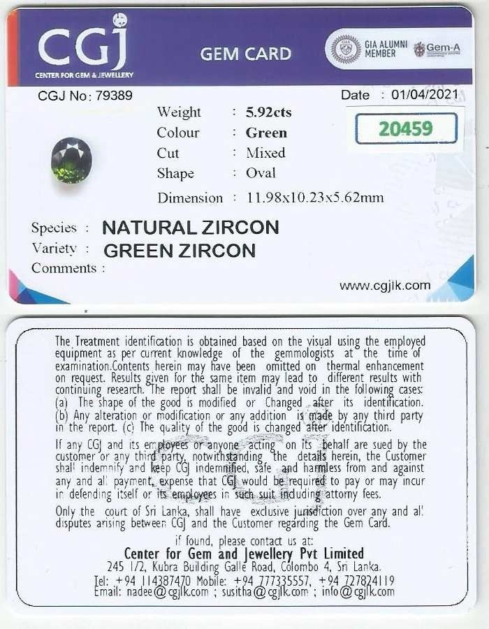 5.92 Ct. Green Zircon from Ceylon (Sri Lanka)