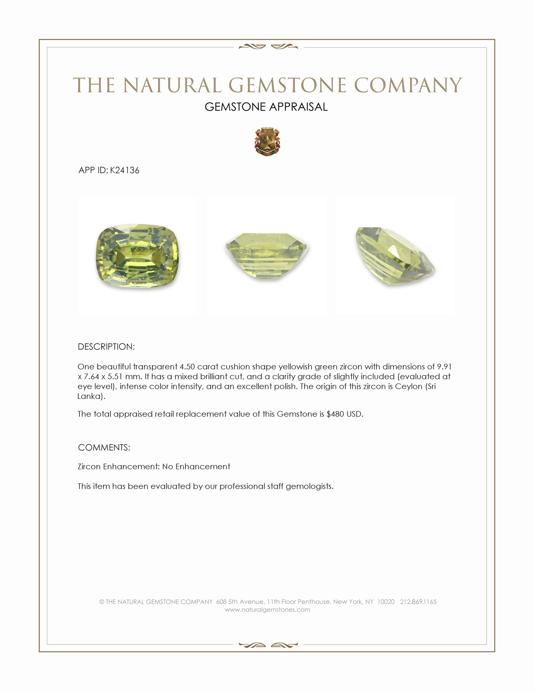 4.50 Ct. Yellowish Green Zircon from Ceylon (Sri Lanka)