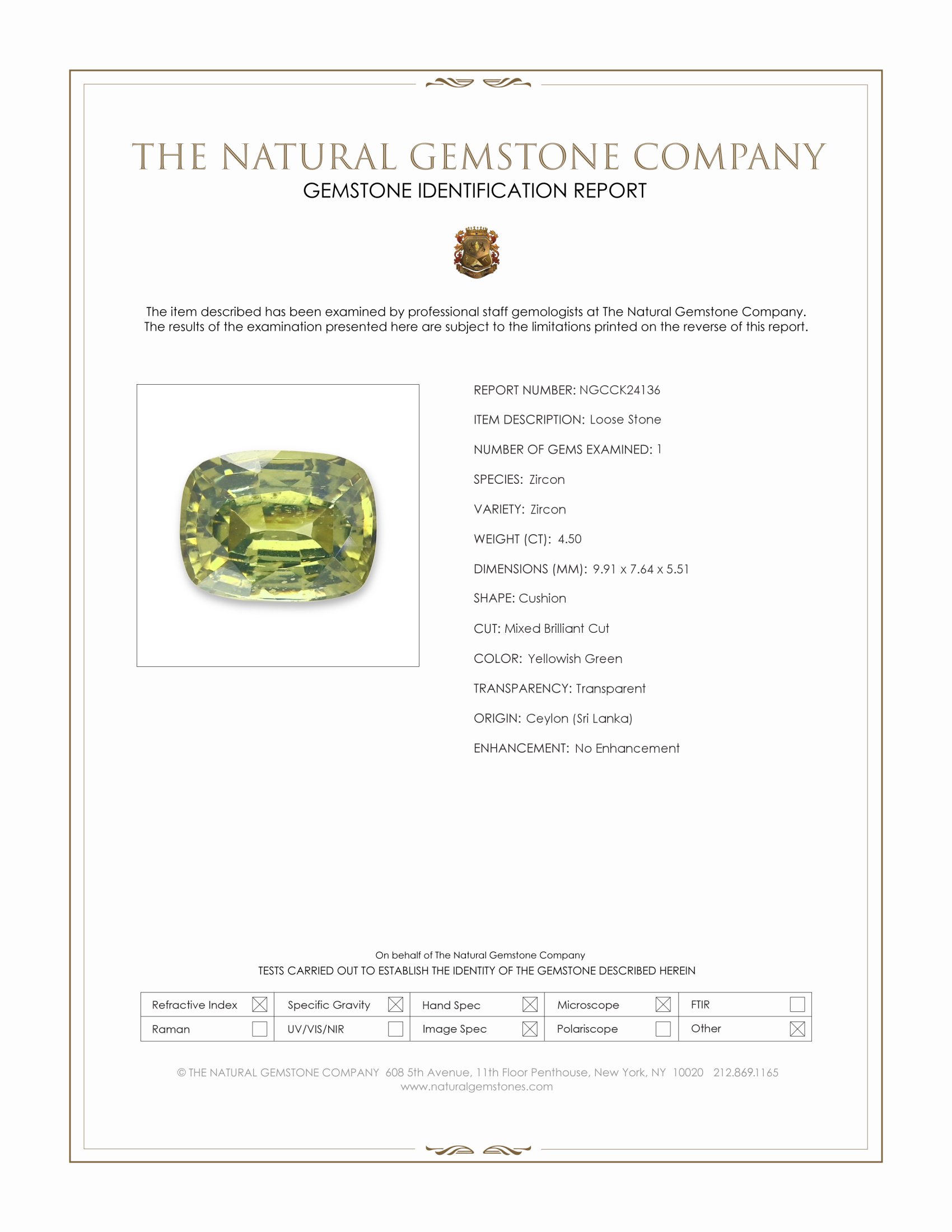 4.50 Ct. Yellowish Green Zircon from Ceylon (Sri Lanka)