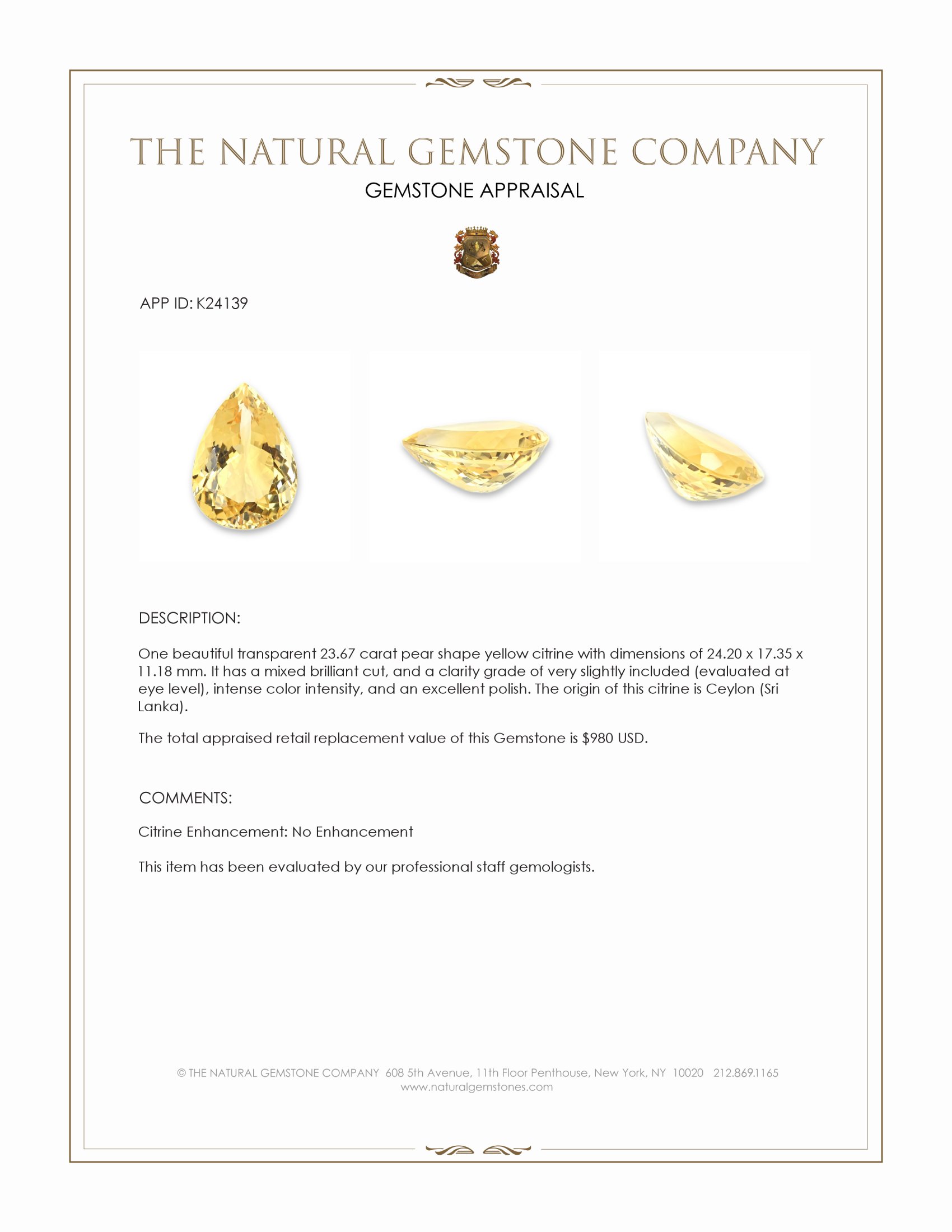23.67 Ct. Yellow Citrine from Ceylon (Sri Lanka)