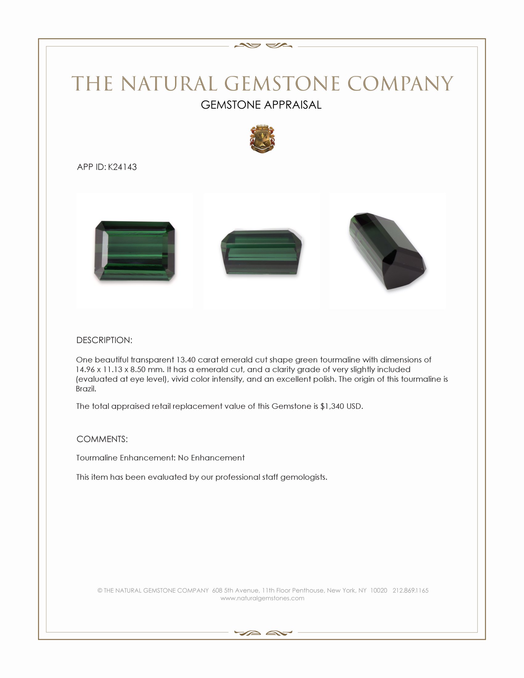 13.40 Ct. Green Tourmaline from Brazil