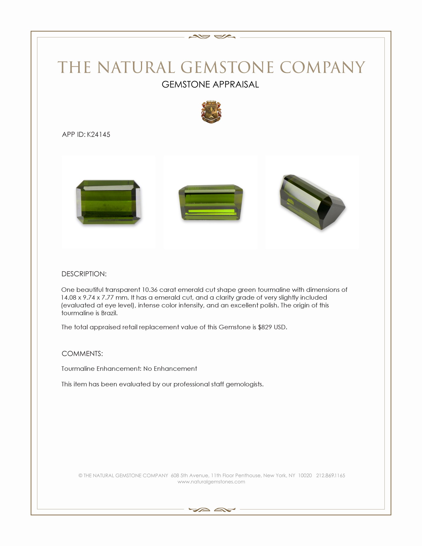 10.36 Ct. Green Tourmaline from Brazil