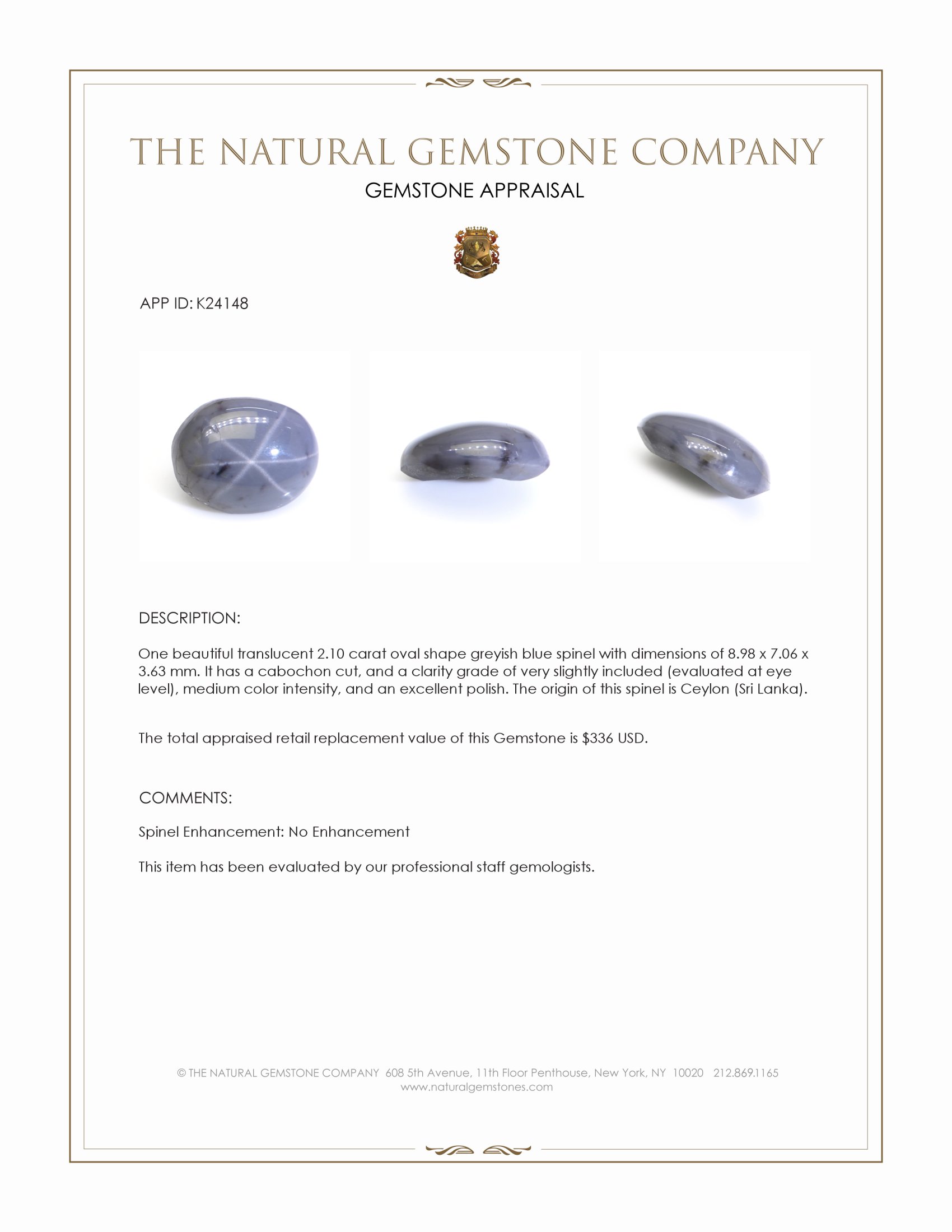 2.10 Ct. Greyish Blue Cabochon Spinel from Ceylon (Sri Lanka)