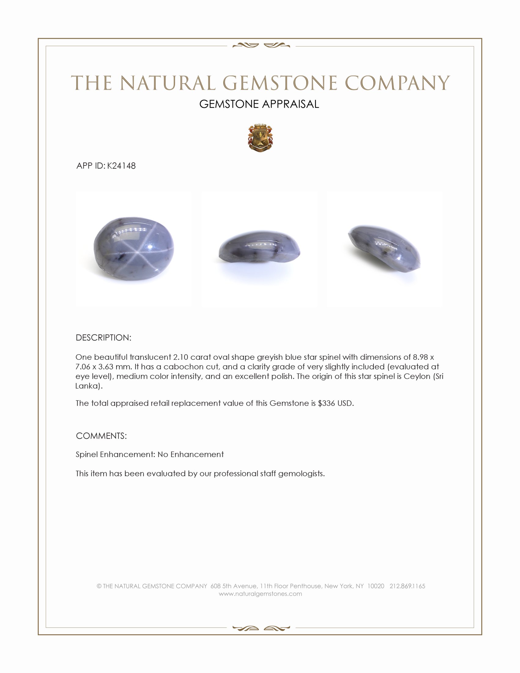 2.10 Ct. Greyish Blue Star Spinel from Ceylon (Sri Lanka)
