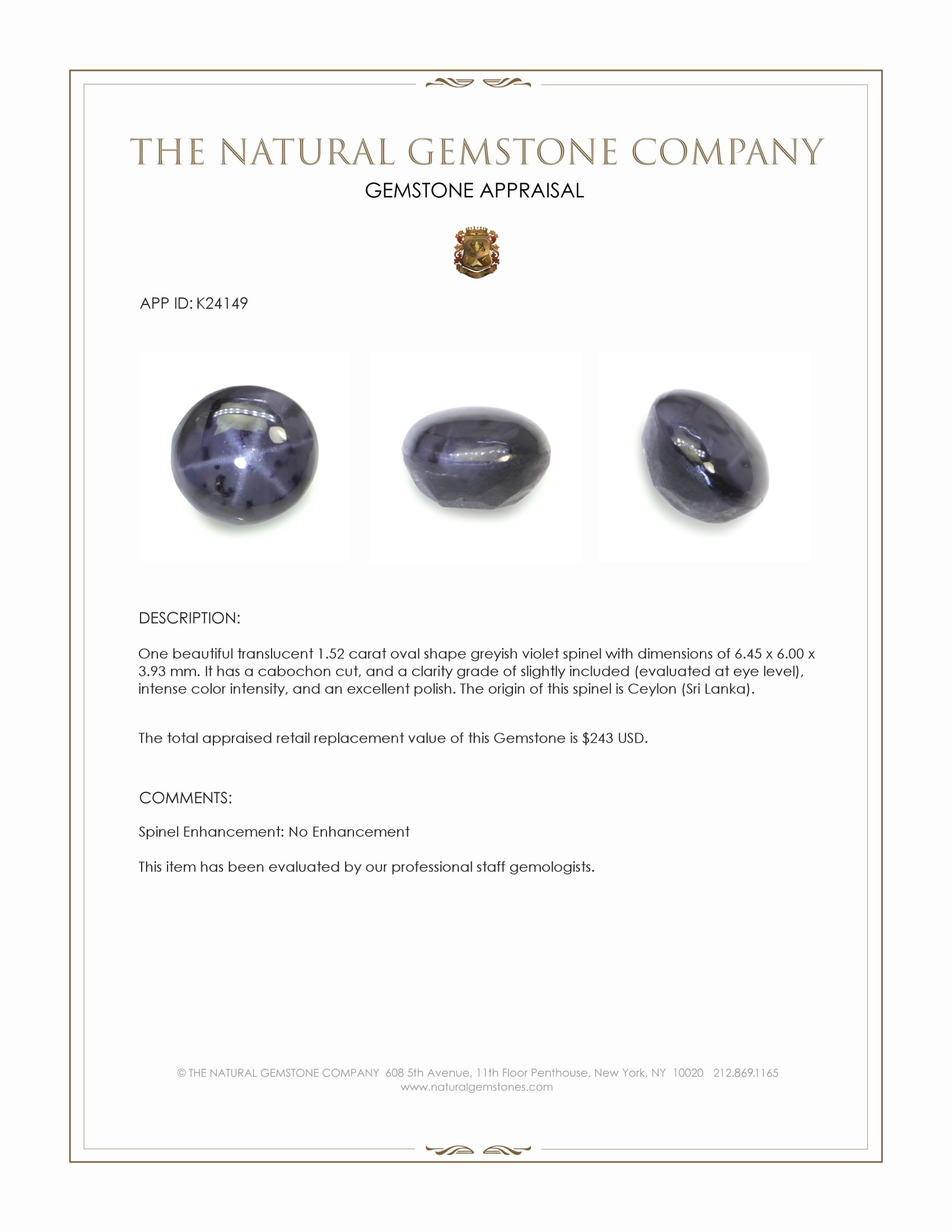 1.52 Ct. Greyish Violet Cabochon Spinel from Ceylon (Sri Lanka)