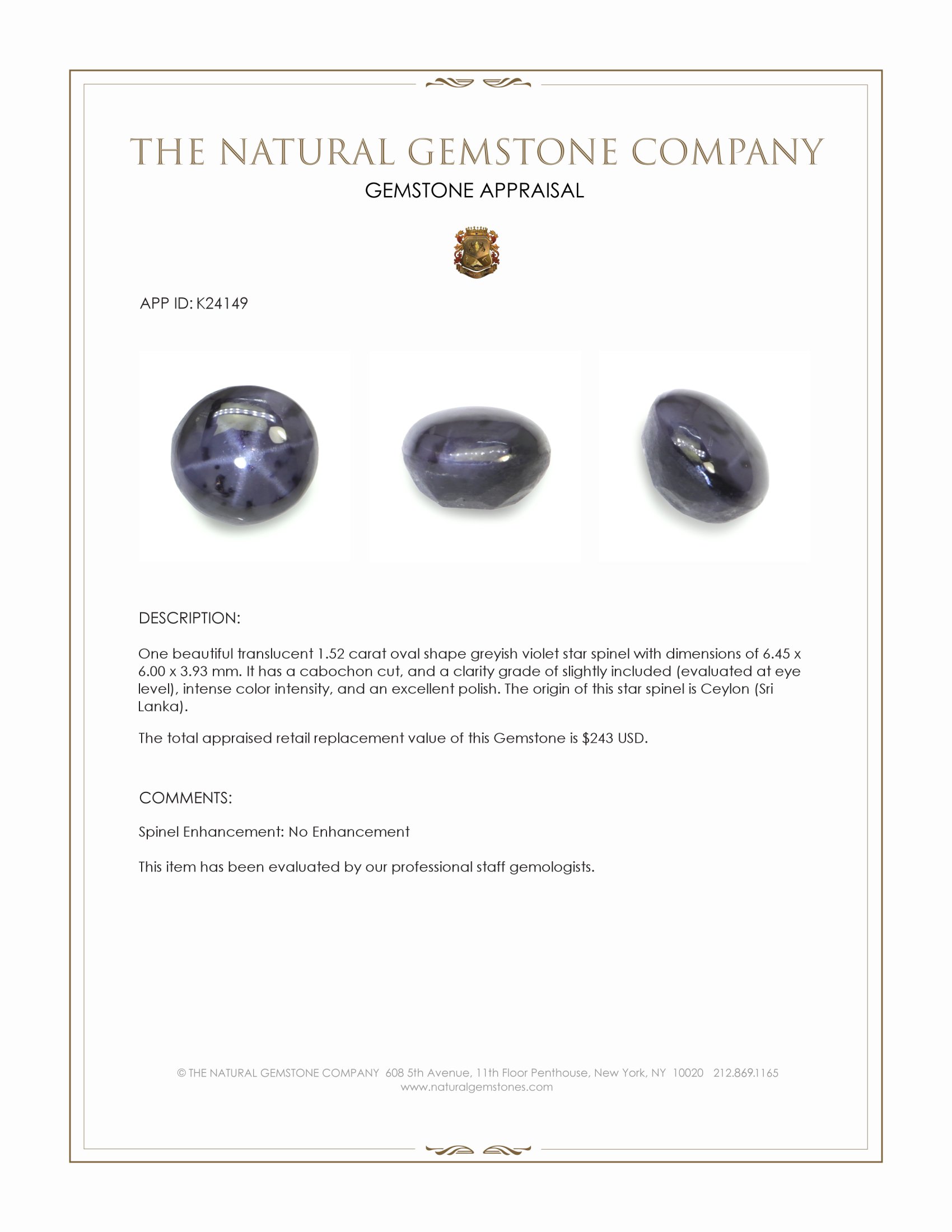 1.52 Ct. Greyish Violet Star Spinel from Ceylon (Sri Lanka)