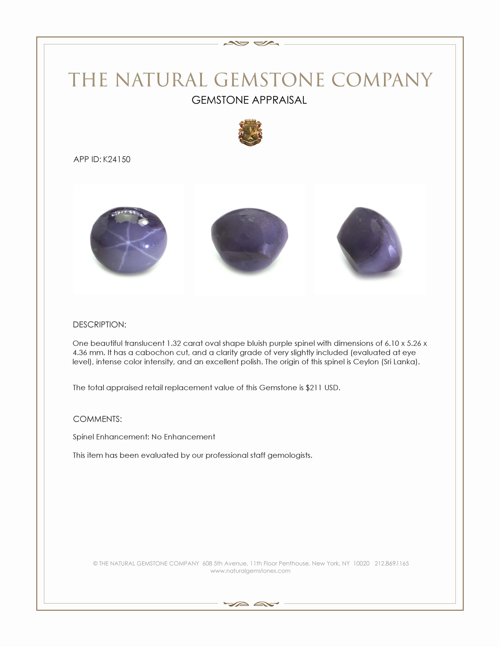 1.32 Ct. Bluish Purple Cabochon Spinel from Ceylon (Sri Lanka)