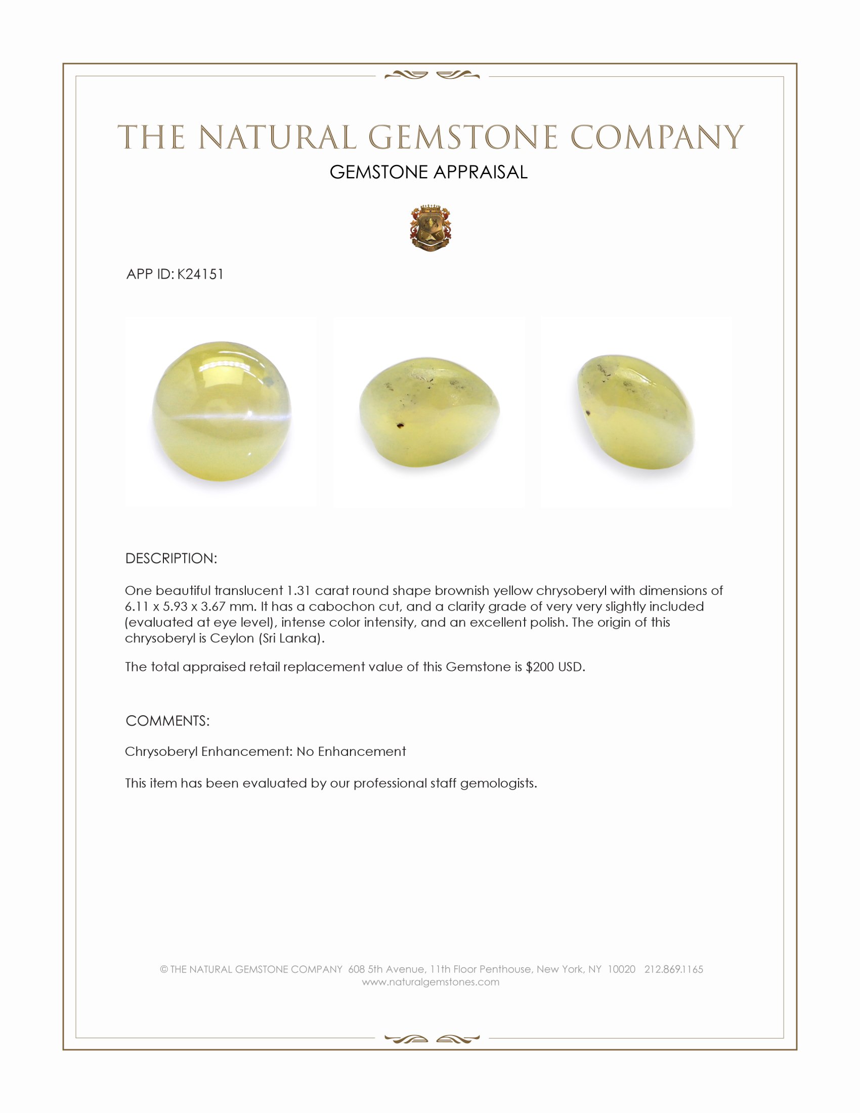 1.31 Ct. Brownish Yellow Cabochon Chrysoberyl from Ceylon (Sri Lanka)