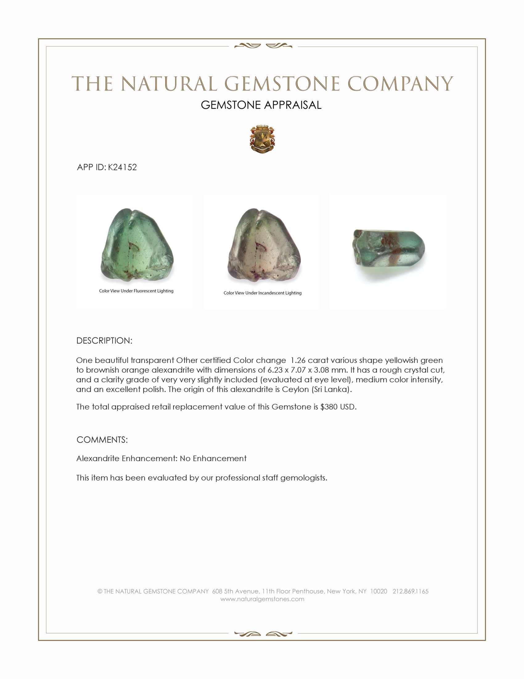 1.26 Ct. Alexandrite from Ceylon (Sri Lanka)