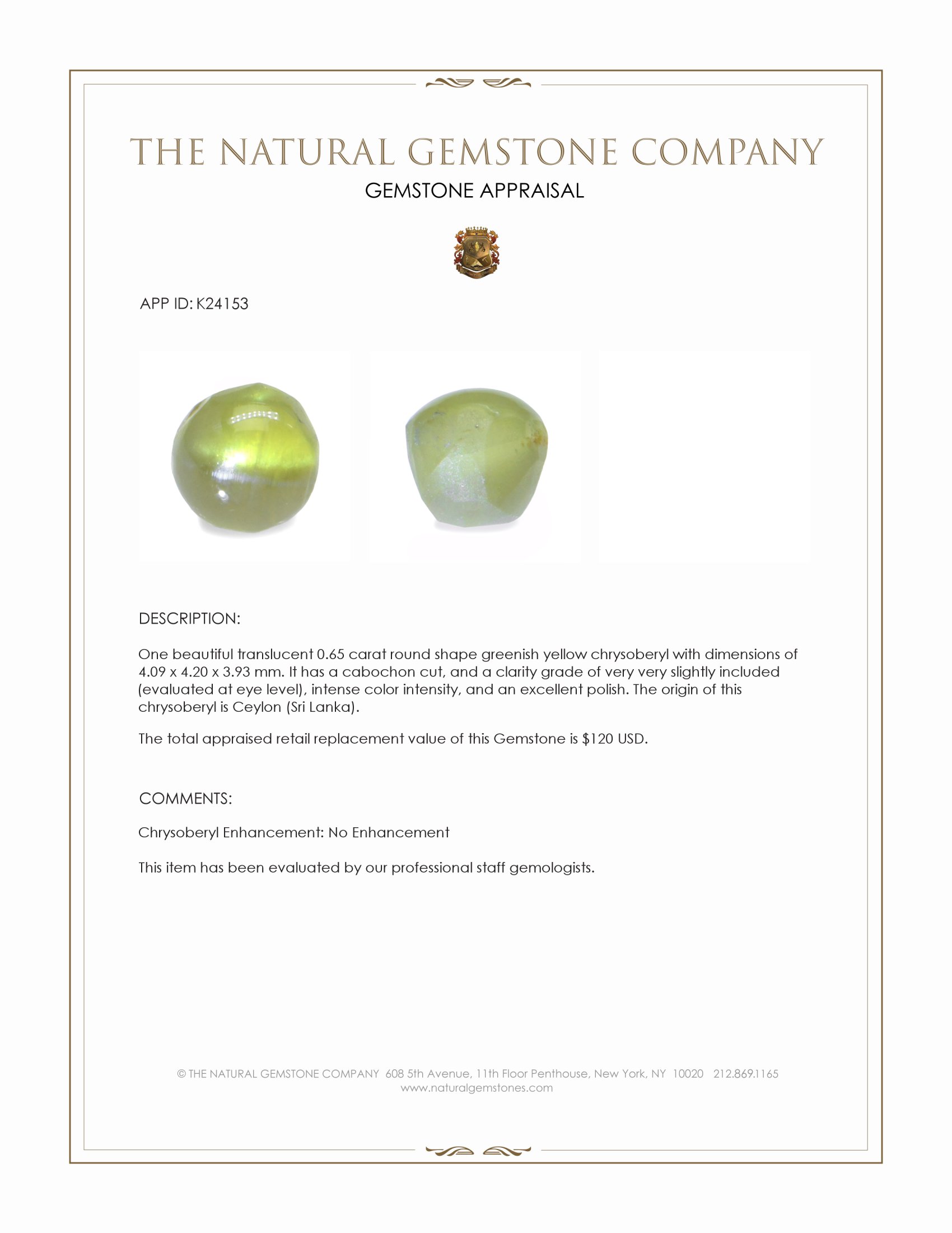 0.65 Ct. Greenish Yellow Cabochon Chrysoberyl from Ceylon (Sri Lanka)