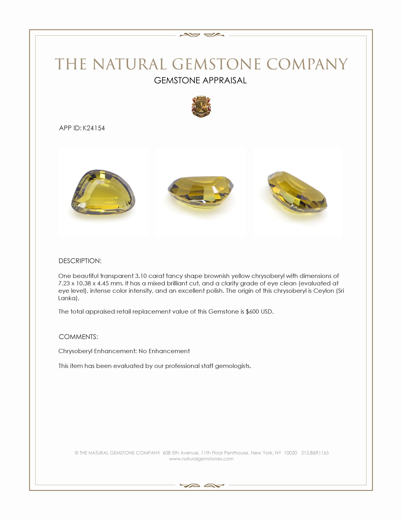 3.10 Ct. Brownish Yellow Chrysoberyl from Ceylon (Sri Lanka)