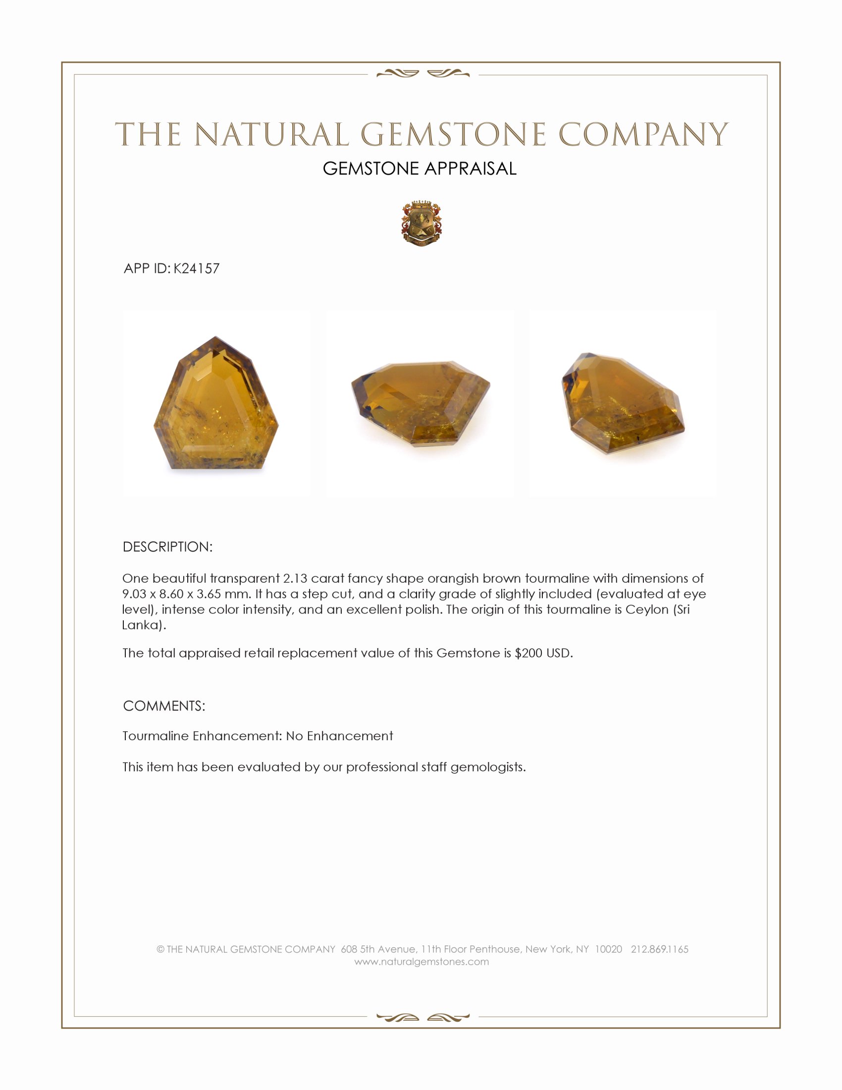 2.13 Ct. Orangish Brown Tourmaline from Ceylon (Sri Lanka)