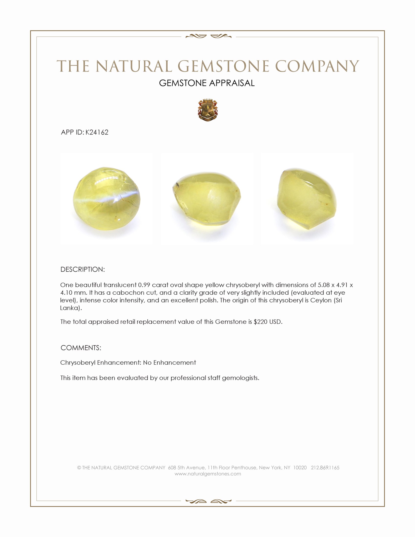 0.99 Ct. Yellow Cabochon Chrysoberyl from Ceylon (Sri Lanka)