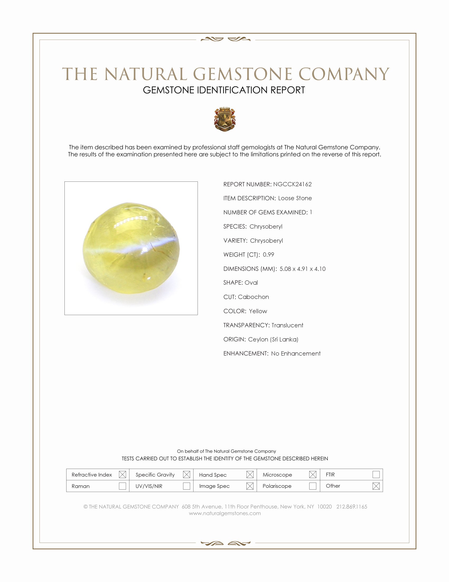 0.99 Ct. Yellow Cabochon Chrysoberyl from Ceylon (Sri Lanka)