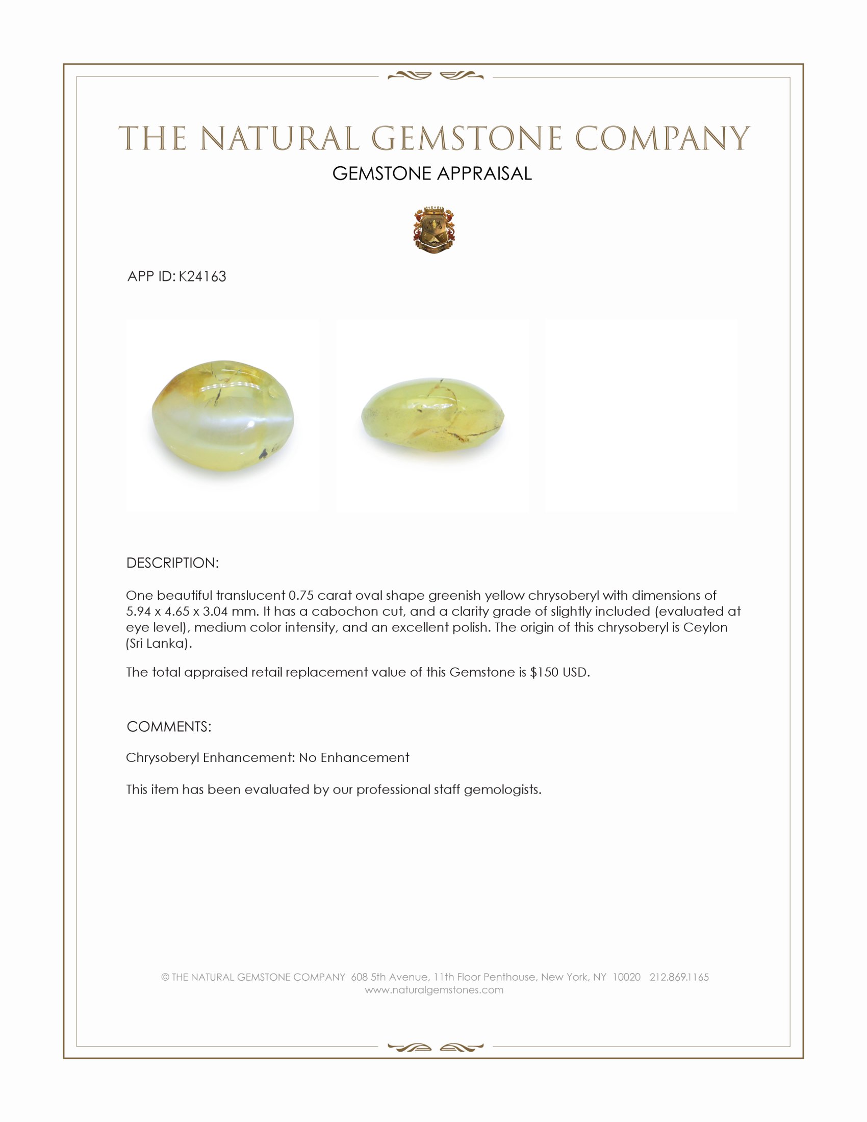 0.75 Ct. Greenish Yellow Cabochon Chrysoberyl from Ceylon (Sri Lanka)