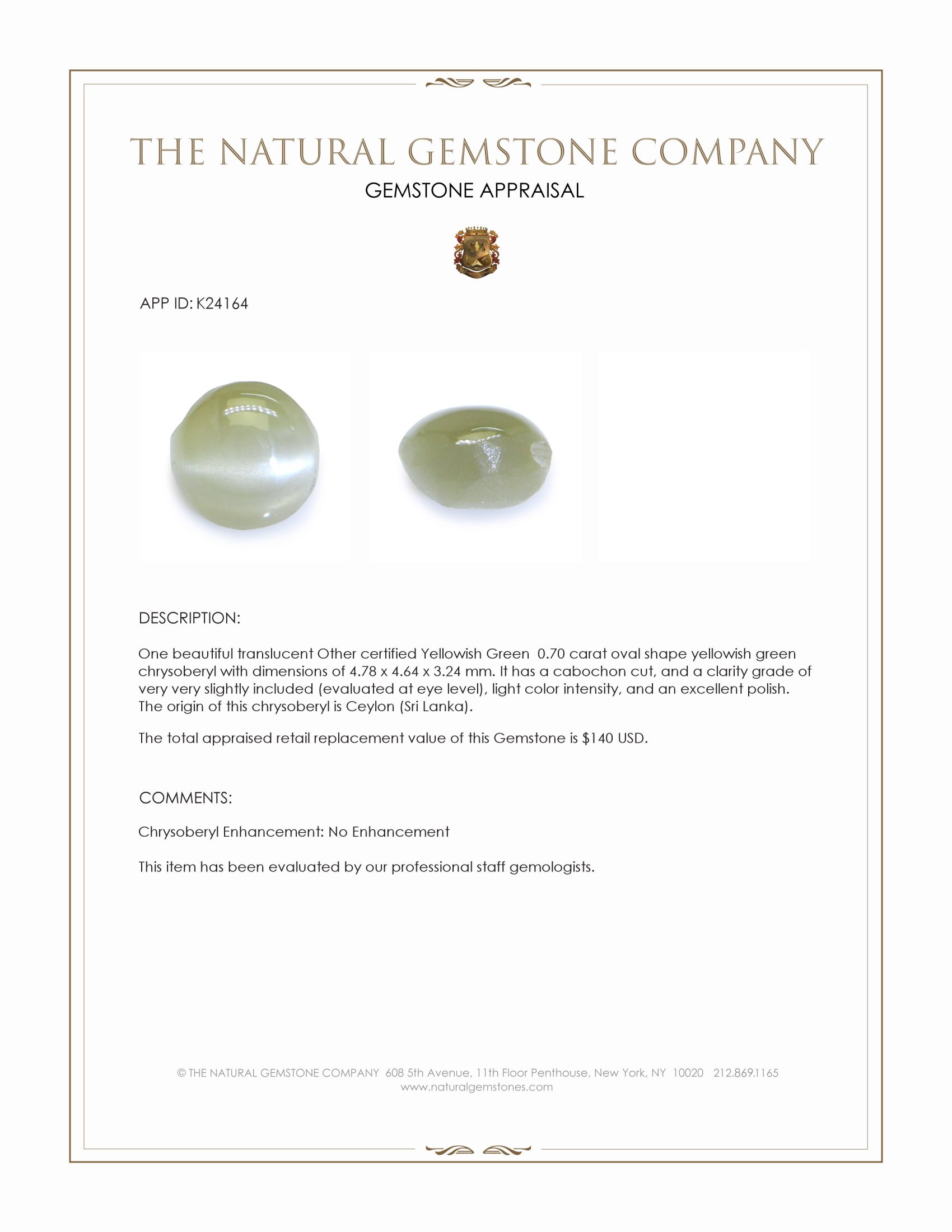 0.70 Ct. Yellowish Green Cabochon Chrysoberyl from Ceylon (Sri Lanka)