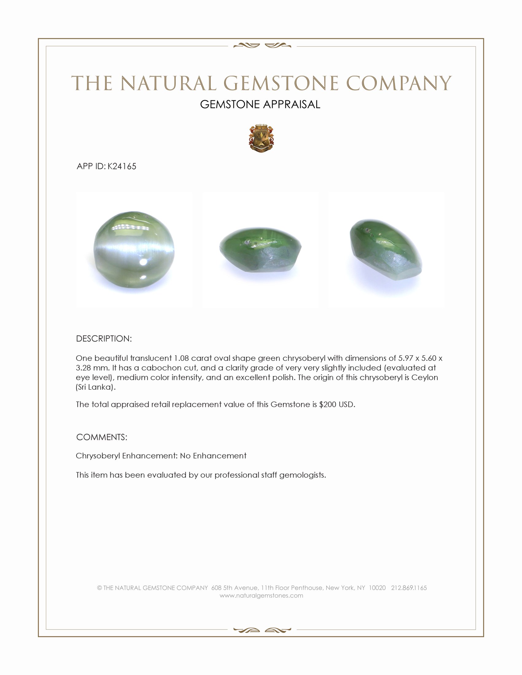 1.08 Ct. Green Cabochon Chrysoberyl from Ceylon (Sri Lanka)